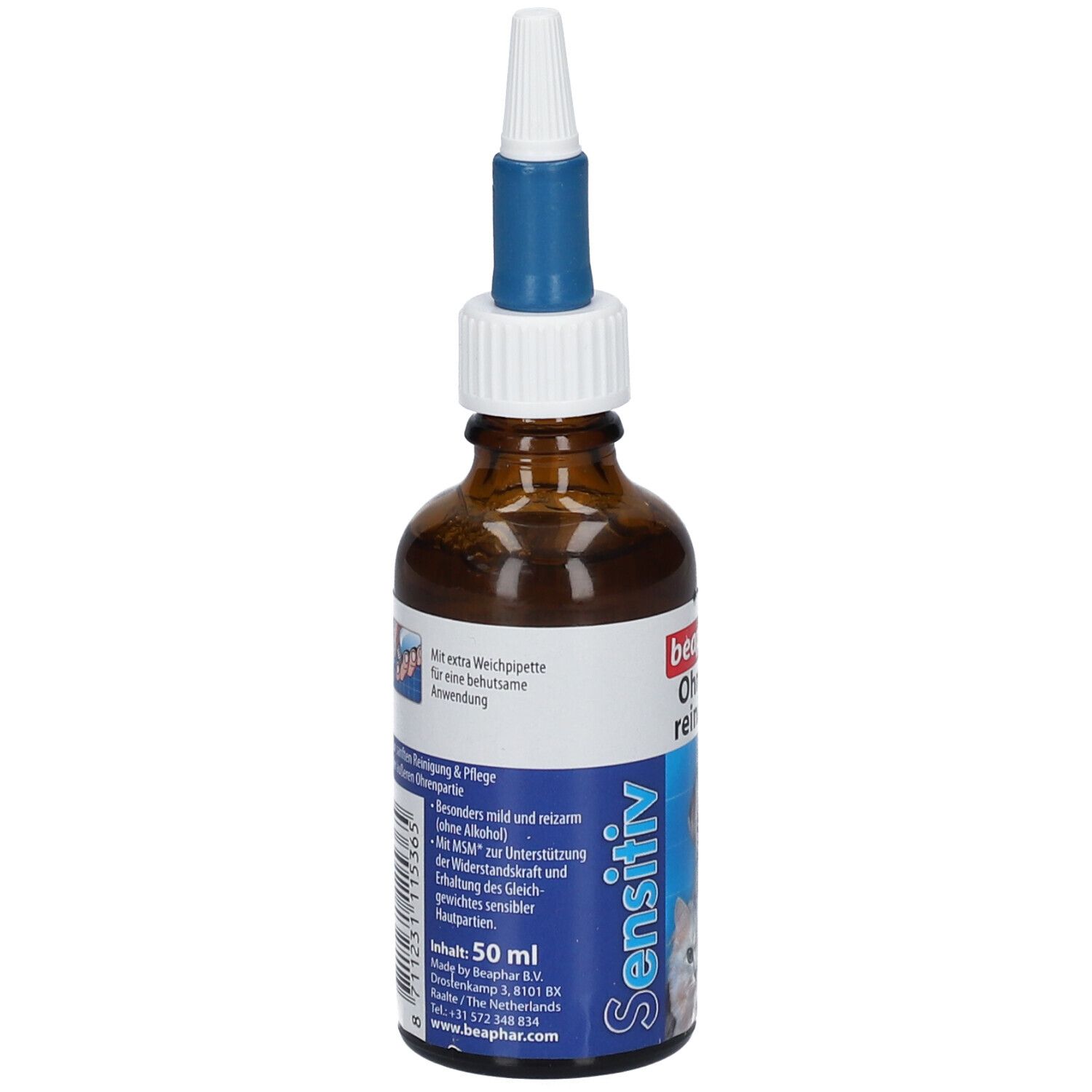 Braune Flasche mit weißem und blauem Verschluss. Aufschrift: beaphar Ohrreiniger Sensitiv. Enthält 50 ml.