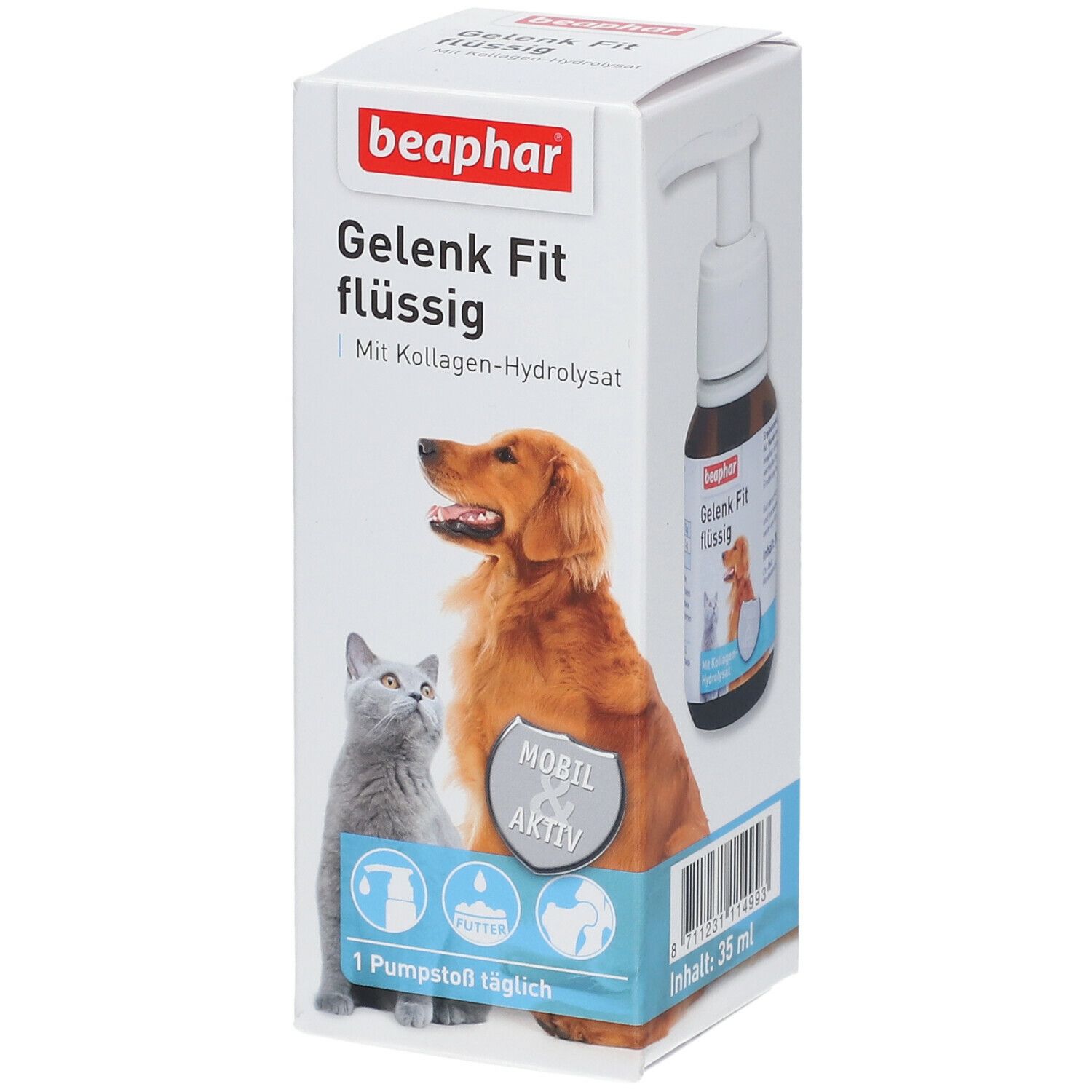 Beaphar Gelenk Fit flüssig. Karton mit Produktabbildung, Hund und Katze. Logo, Text, und Piktogramme.