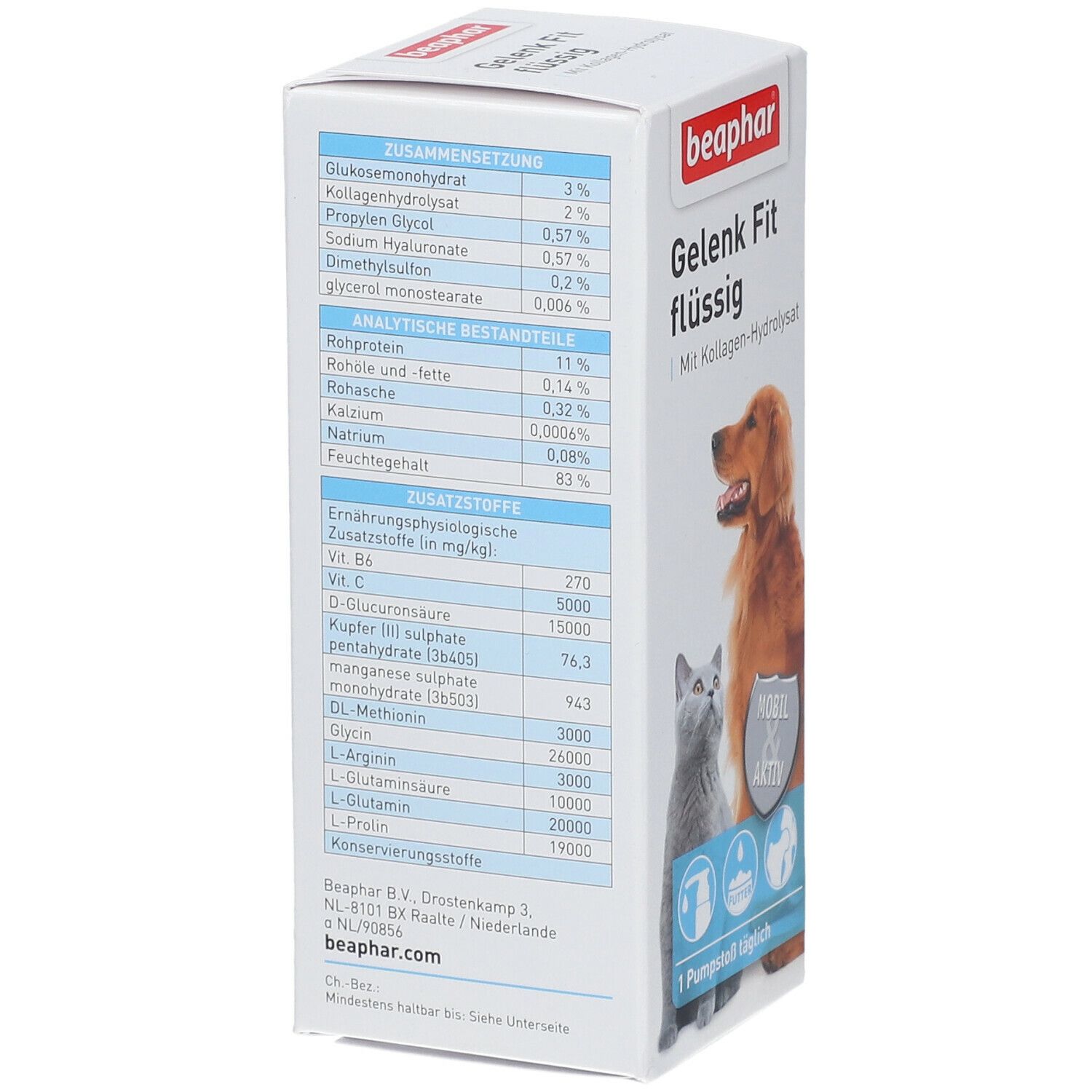 Beaphar Gelenk Fit flüssig. Karton mit Inhaltsstoffangaben. Text in deutscher Sprache.