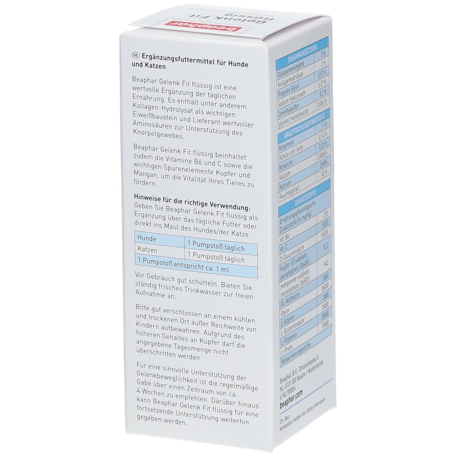 Beaphar Gelenk Fit flüssig. Karton mit Text über Ergänzungsfuttermittel für Hunde und Katzen. Text in deutscher Sprache.