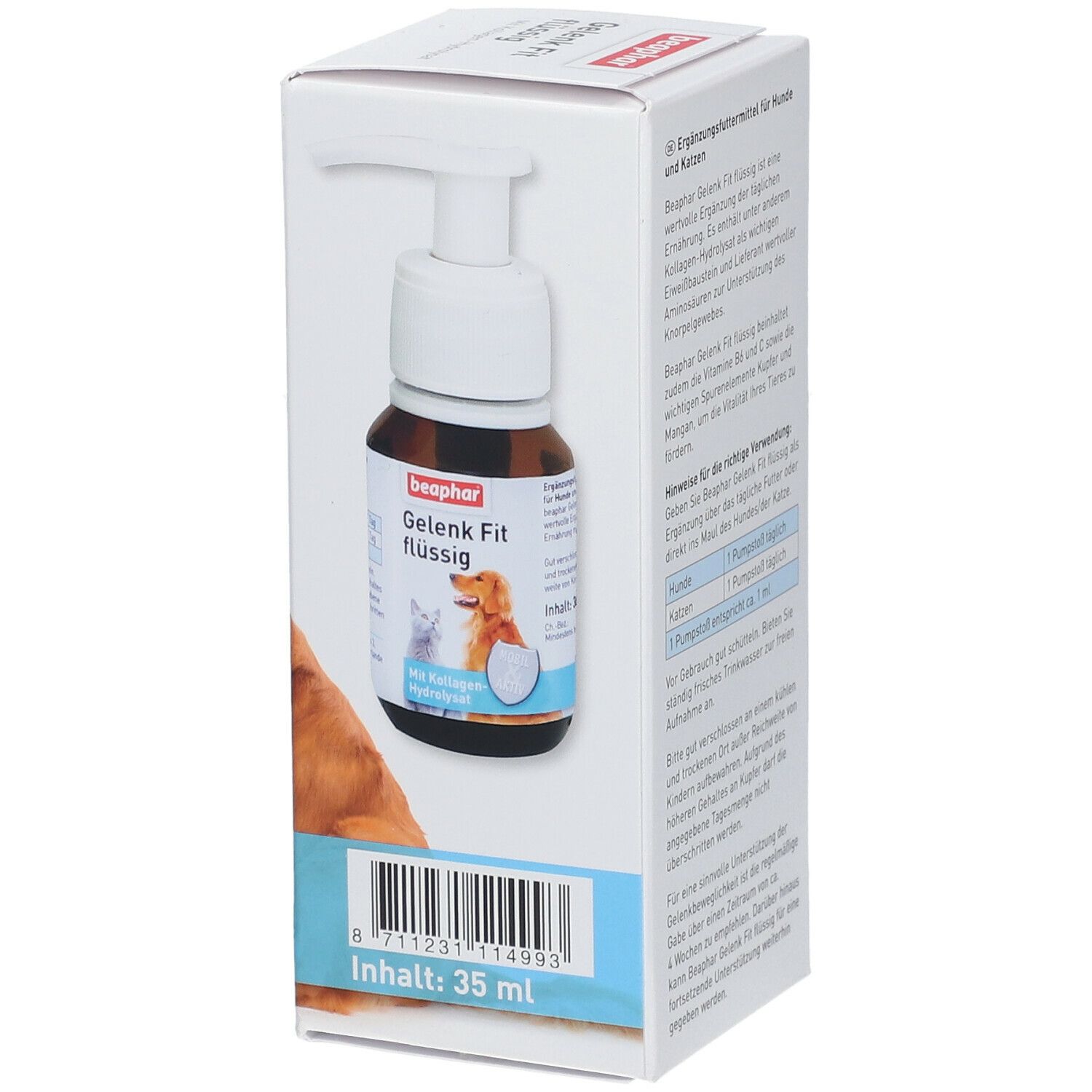 Beaphar Gelenk Fit flüssig. Flasche mit Dosierpumpe in Karton. Produktabbildung, Hund und Katze.