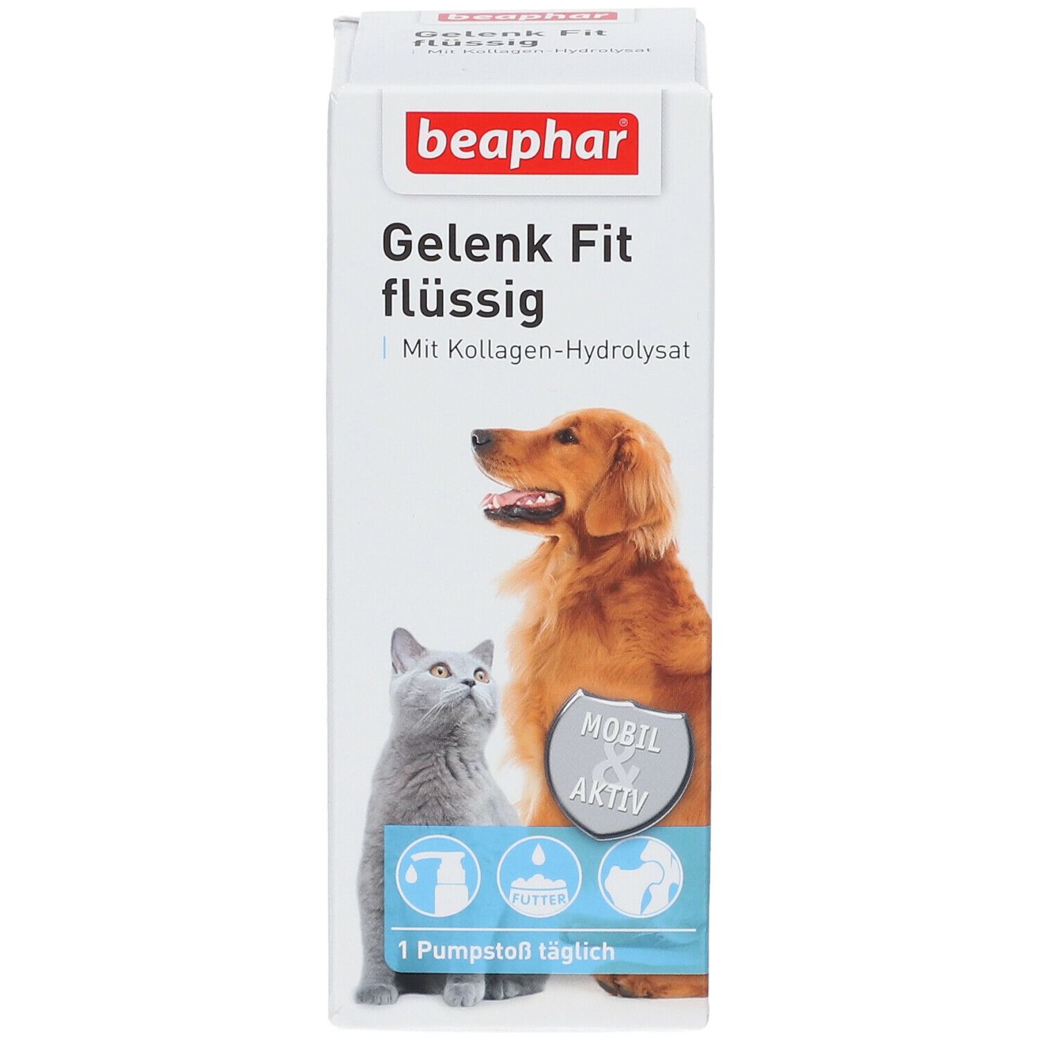 Beaphar Gelenk Fit flüssig. Karton mit Produktabbildung, Hund und Katze. Logo, Text, und Piktogramme.