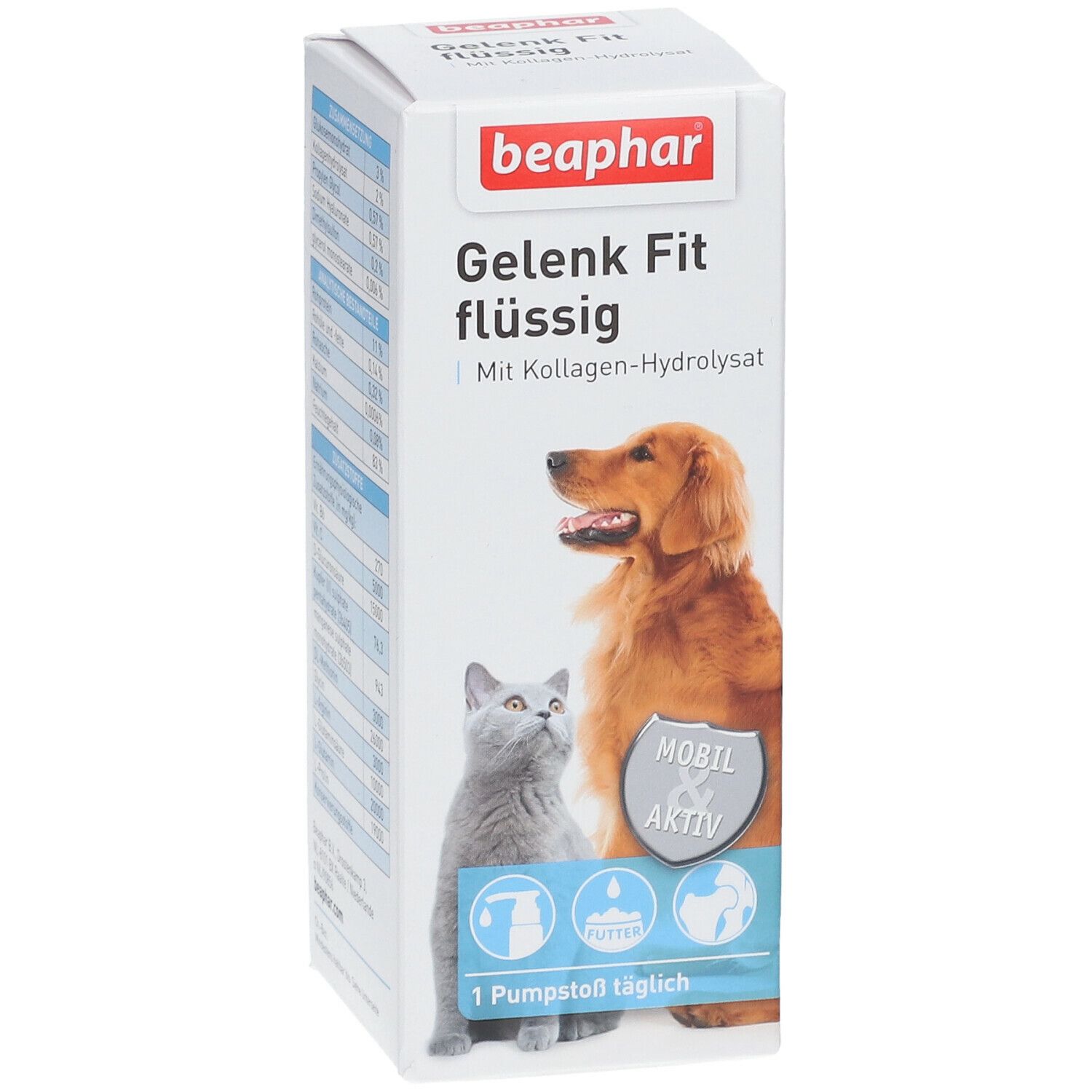 Beaphar Gelenk Fit flüssig. Karton mit Produktabbildung, Hund und Katze. Logo, Text, und Piktogramme.