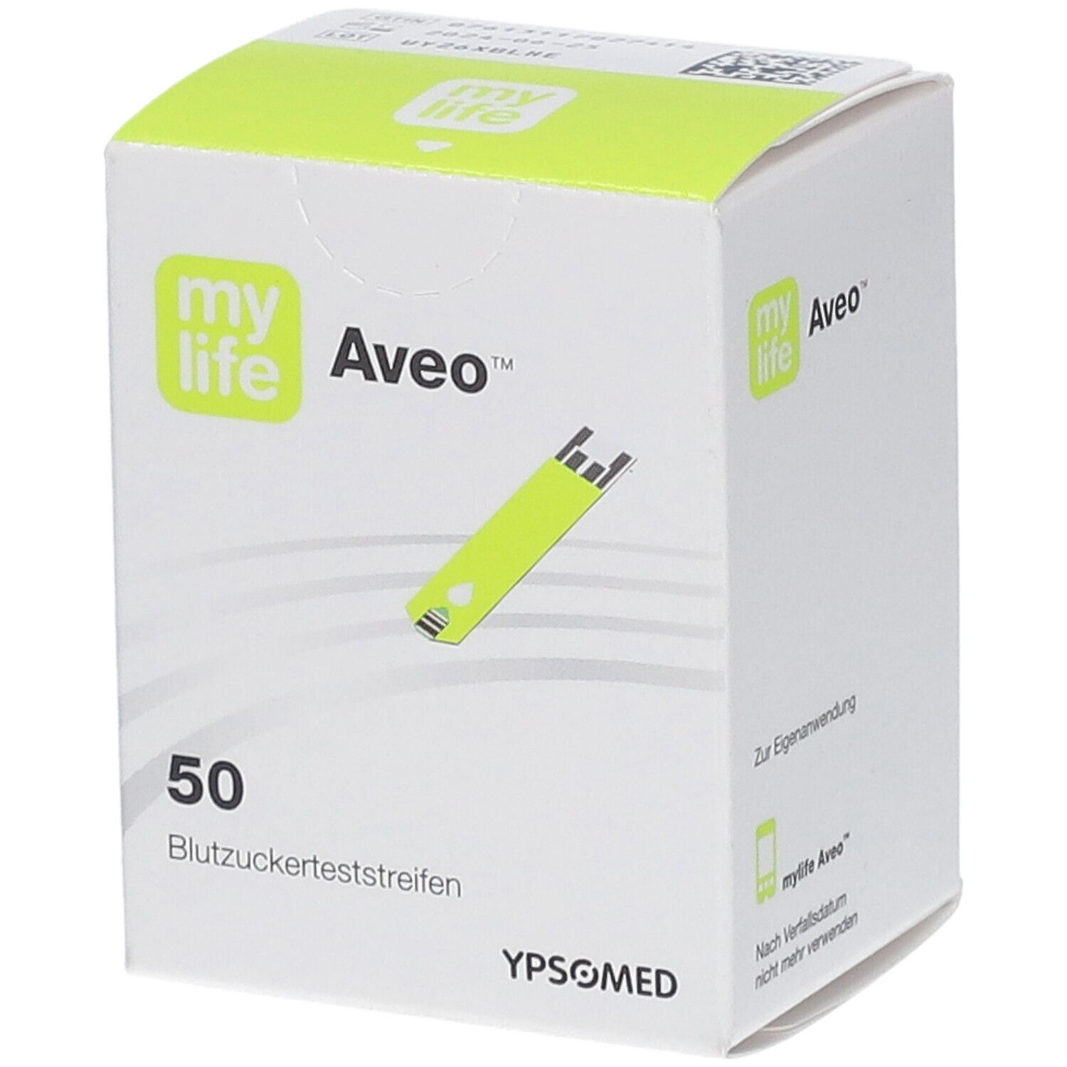 Schachtel mit Blutzucker-Teststreifen. Aufdruck: my life Aveo, 50 Teststreifen. YPSOMED Logo.