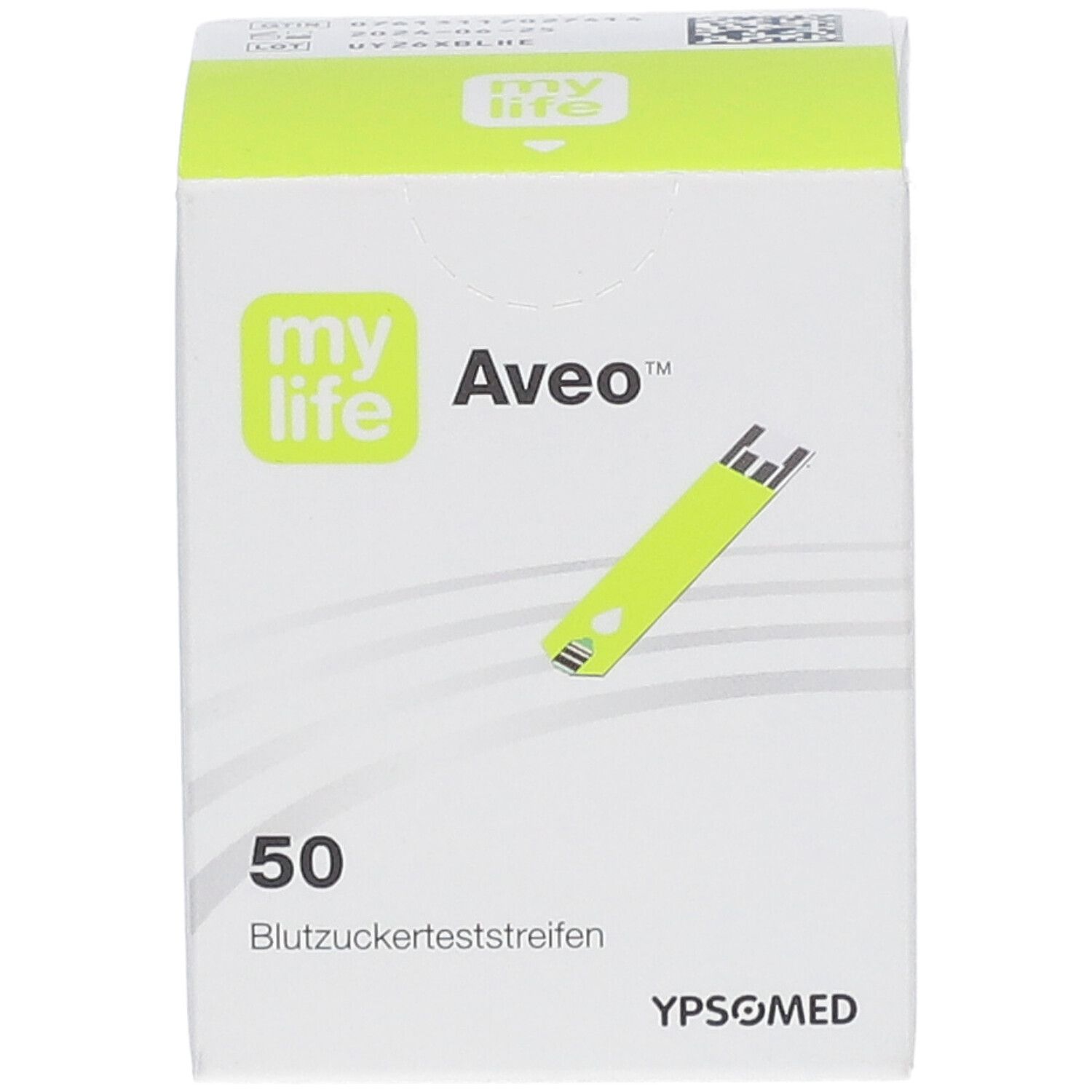 Schachtel mit Teststreifen. Aufdruck: my life Aveo, 50 Teststreifen. YPSOMED Logo. Teststreifen abgebildet.