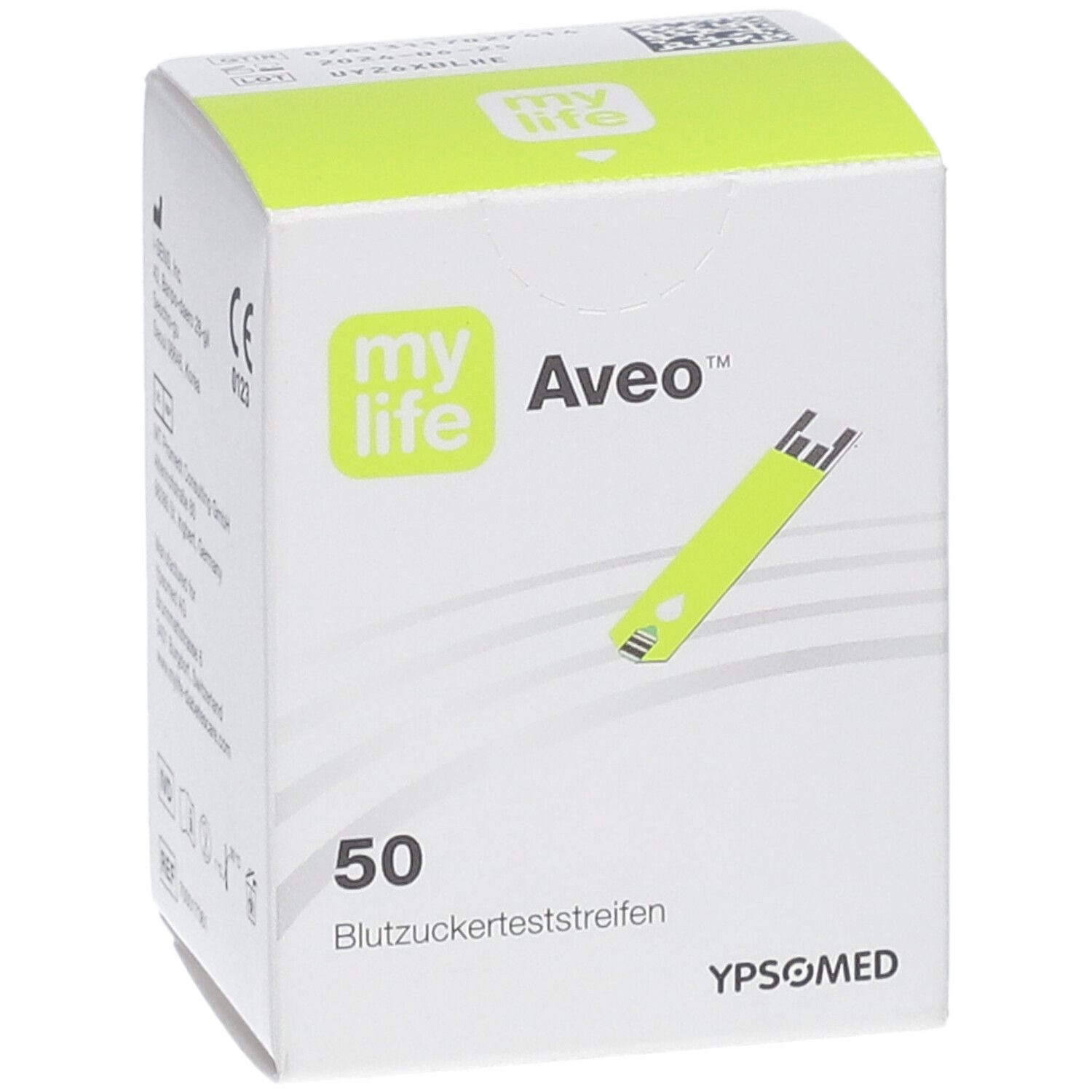 Schachtel mit Teststreifen. Aufdruck: my life Aveo, 50 Teststreifen. YPSOMED Logo. Teststreifen abgebildet.
