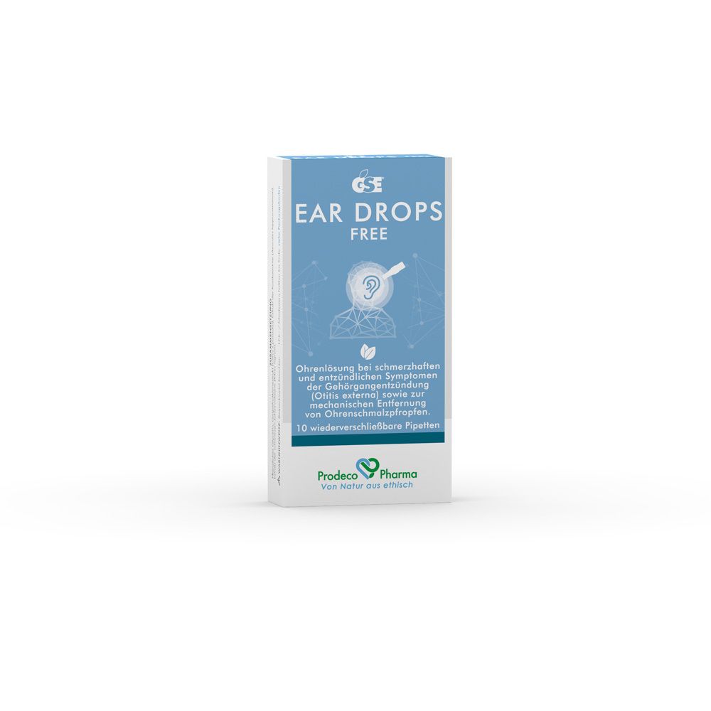 Karton mit Aufschrift "EAR DROPS FREE". Blau-weiße Verpackung mit Logo und Produktinformationen. Enthält 10 Pipetten.