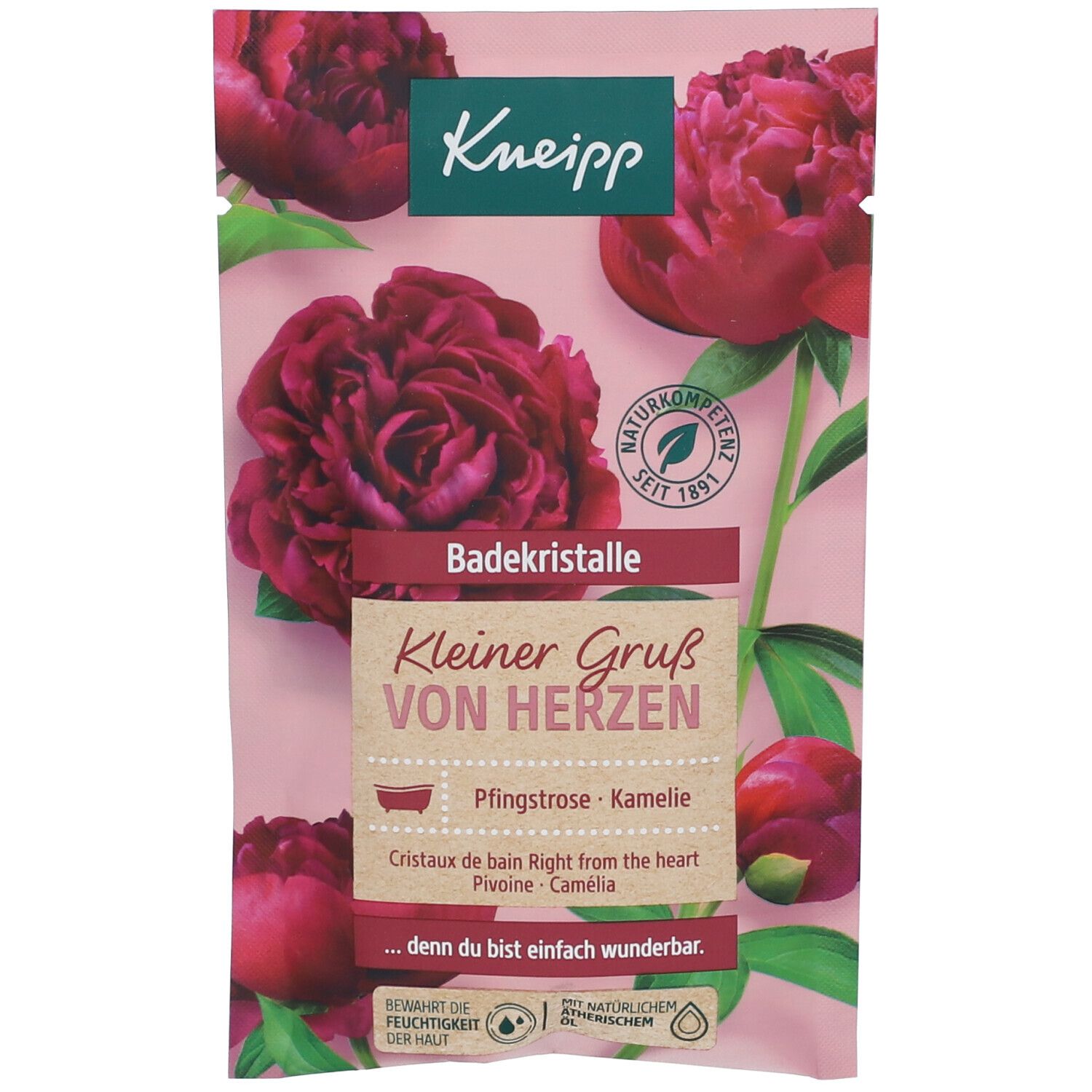 Rosa Beutel mit Kneipp-Logo und Blüten. Text: Badekristalle, Kleiner Gruß von Herzen. Enthält Pfingstrose und Kamelie. Naturkompetenz Siegel.