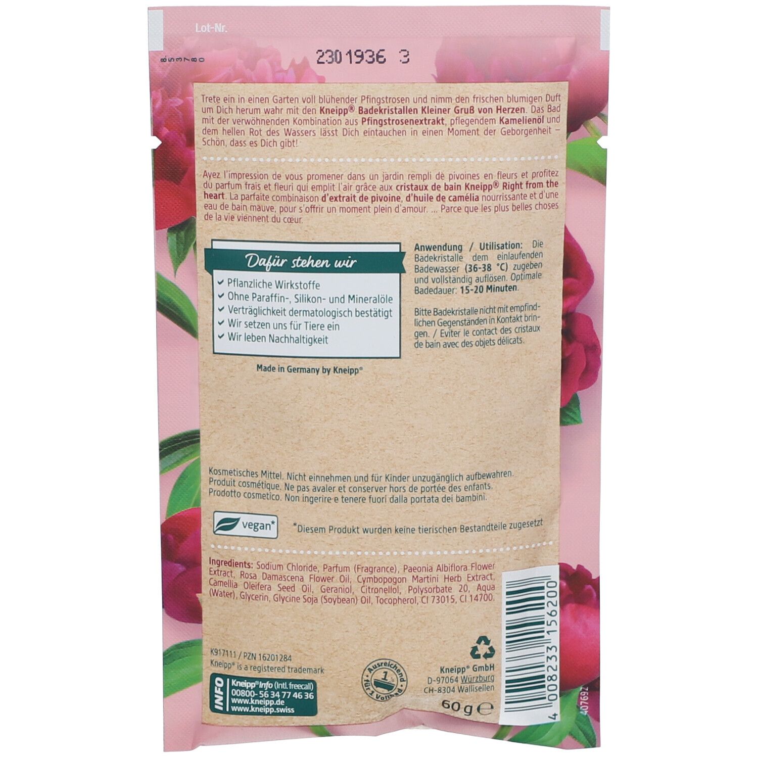 Rückseite eines rosa Beutels mit Kneipp-Logo und Blüten. Text: Inhaltsstoffe, Anwendung, vegan. Enthält 60g. Siegel: Naturkompetenz, Made in Germany.