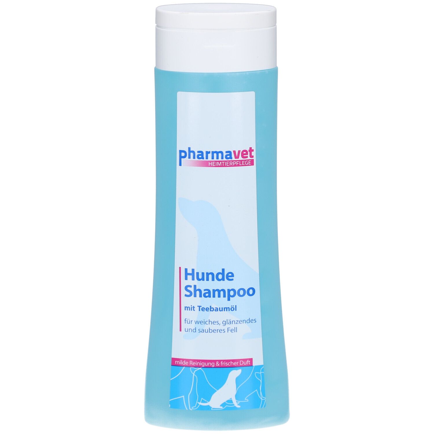Hunde Shampoo Flasche. Blaues Shampoo mit weißem Deckel. Aufschrift: Pharmavet, Hunde Shampoo mit Teebaumöl. Illustration eines Hundes.
