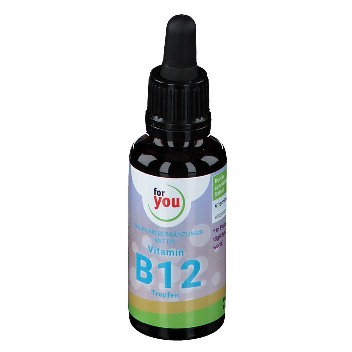 Braune Flasche mit schwarzem Verschluss und Pipette. Etikett mit "for You" und "Vitamin B12 Tropfen".
