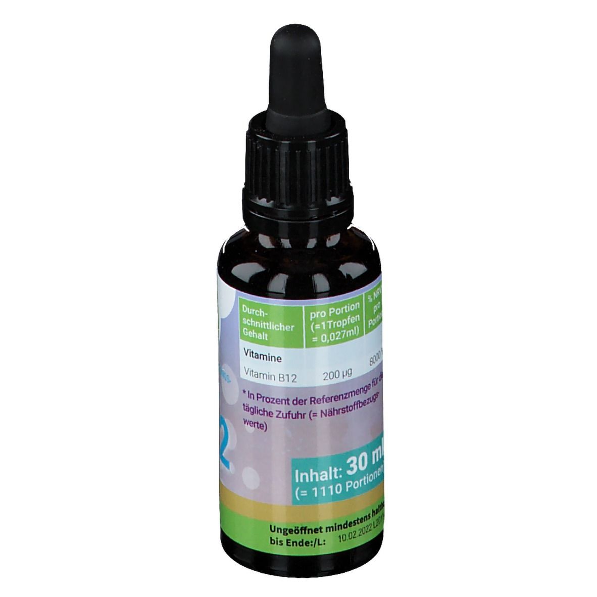 Braune Flasche mit schwarzem Verschluss und Pipette. Etikett mit Informationen zu Vitamin B12-Gehalt und Inhaltsstoffen.