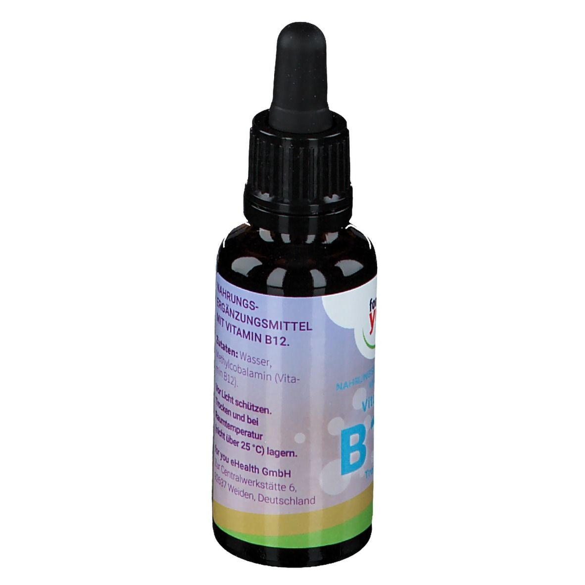 Braune Flasche mit schwarzem Verschluss und Pipette. Etikett mit Inhaltsstoffen und Herstellerinformationen.