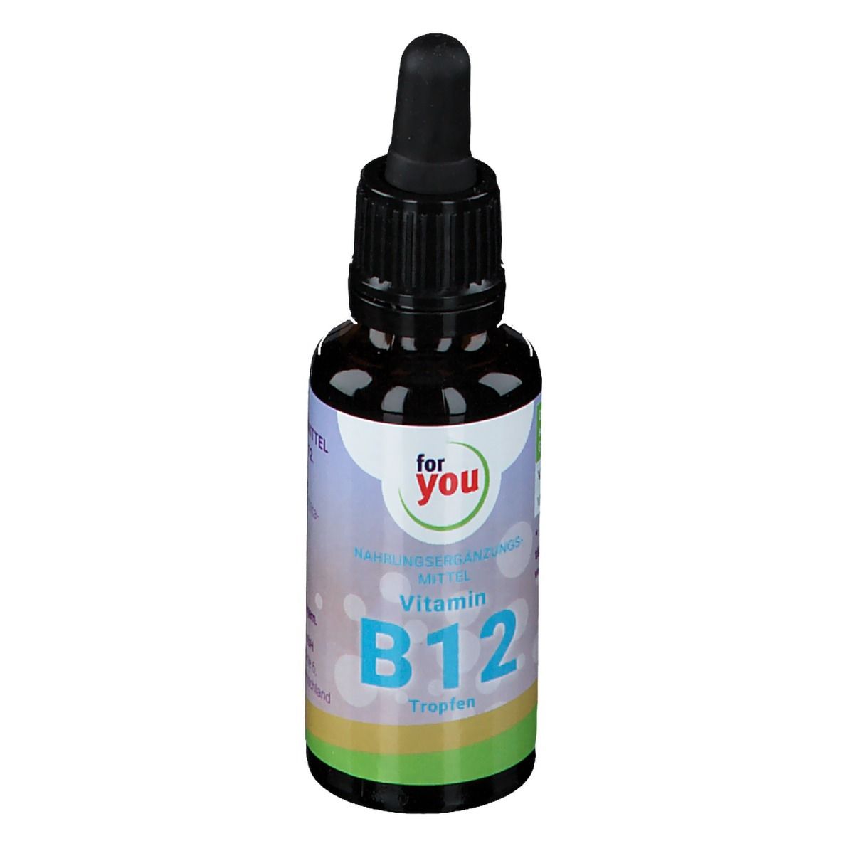 Braune Flasche mit schwarzem Verschluss und Pipette. Etikett mit "for You" und "Vitamin B12 Tropfen".