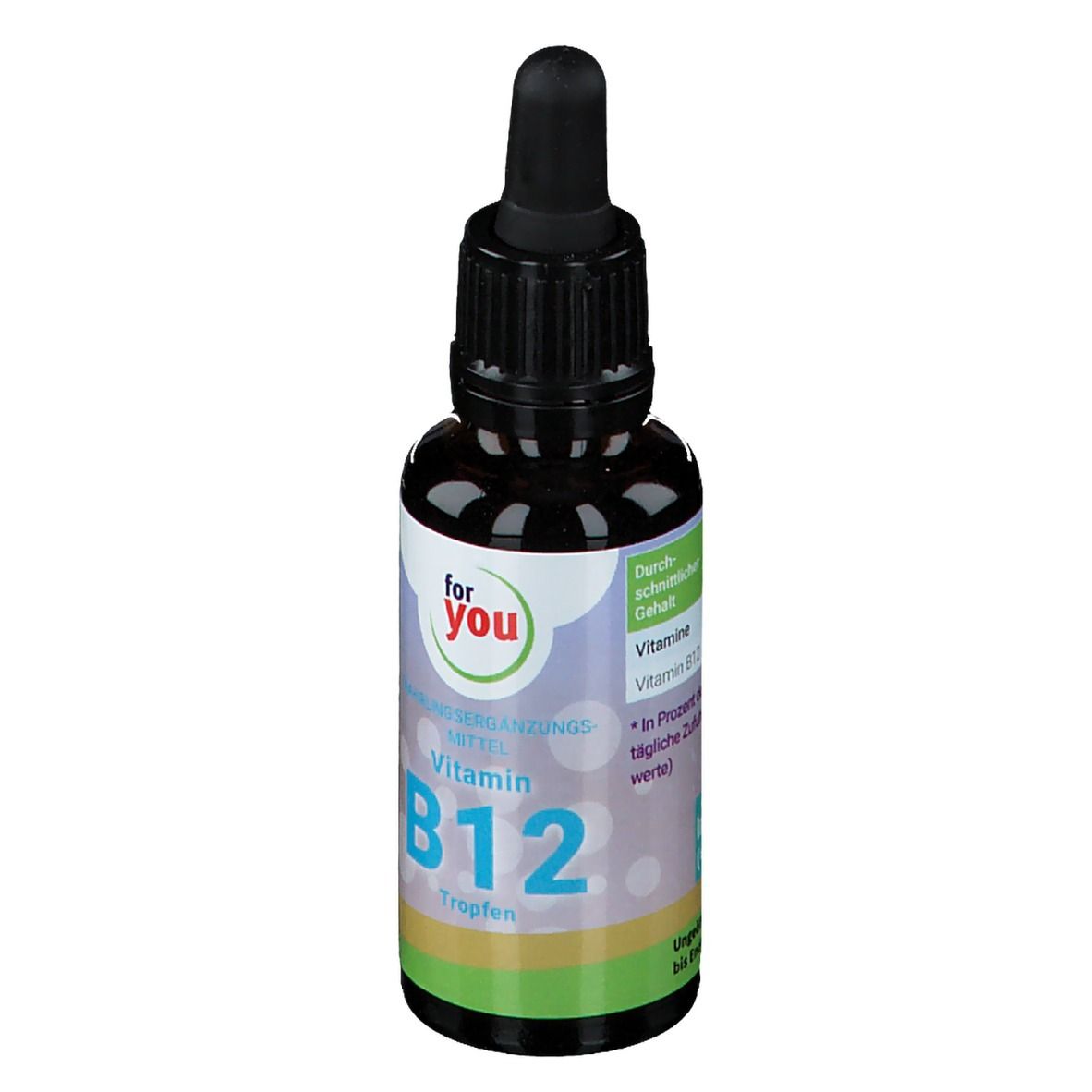 Braune Flasche mit schwarzem Verschluss und Pipette. Etikett mit Informationen zu Vitamin B12-Gehalt.