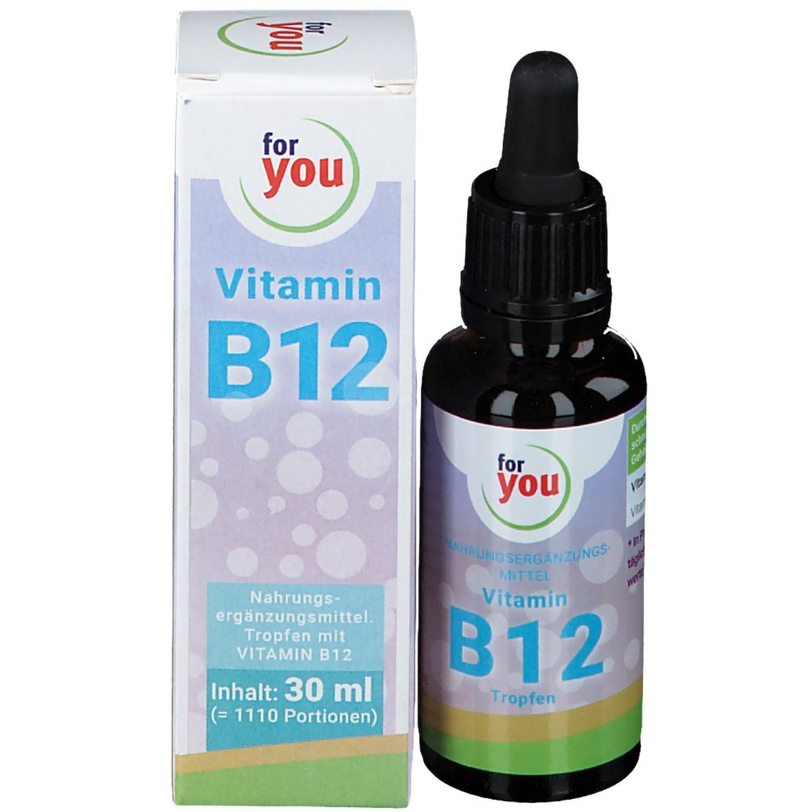 Flasche und Verpackung. Flasche braun, Tropfen. Verpackung weiß mit "for You" und "Vitamin B12".