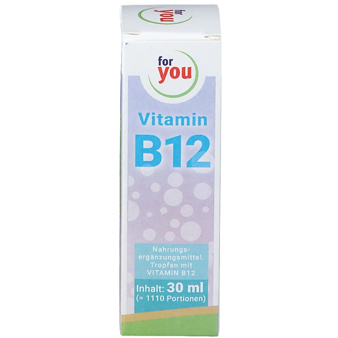 Weiße Verpackung mit "for You" und "Vitamin B12". Enthält 30 ml Tropfen.