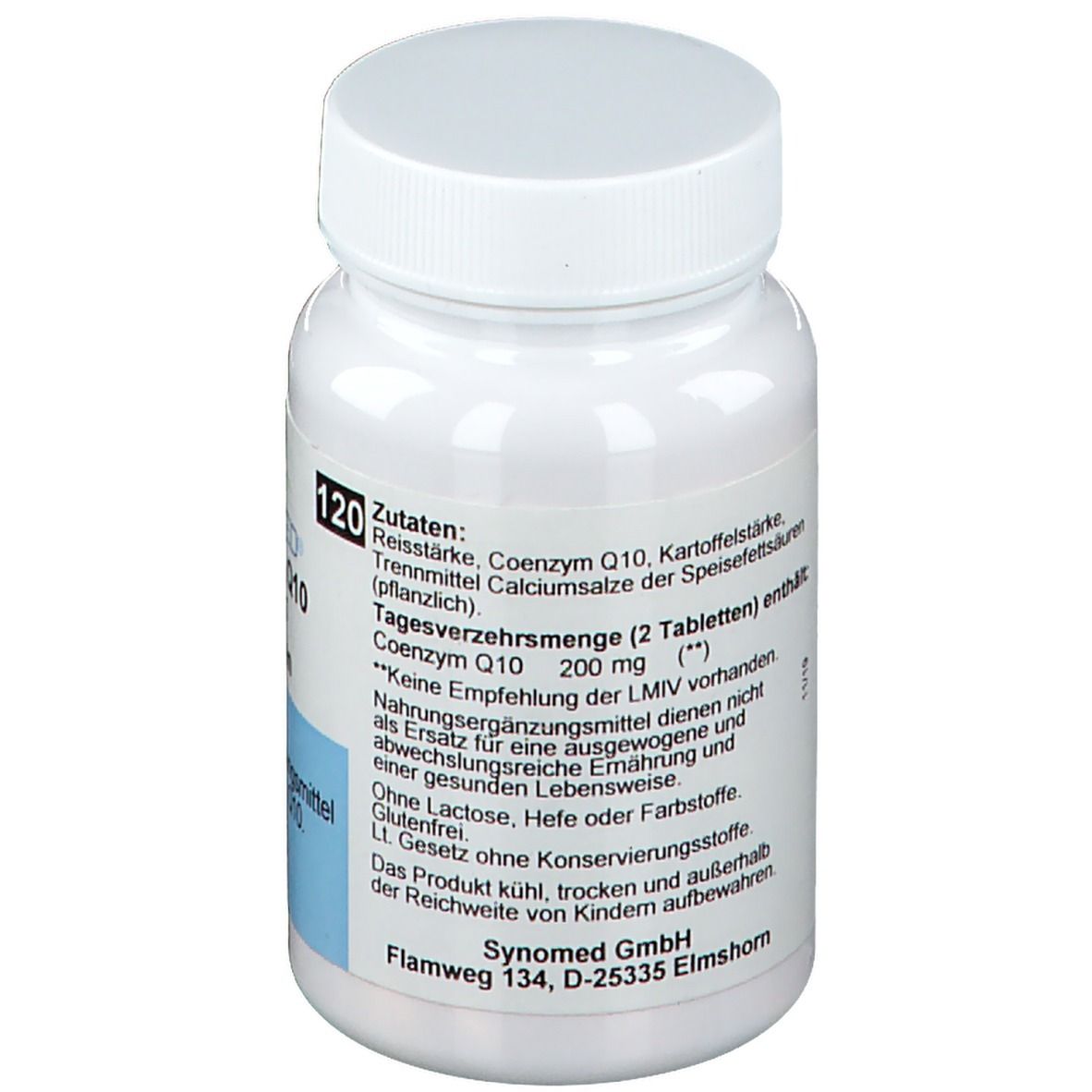 Weiße Tablettenflasche mit Schraubverschluss. Rückseite mit Zutatenliste und Herstellerinformationen. 120 Tabletten.