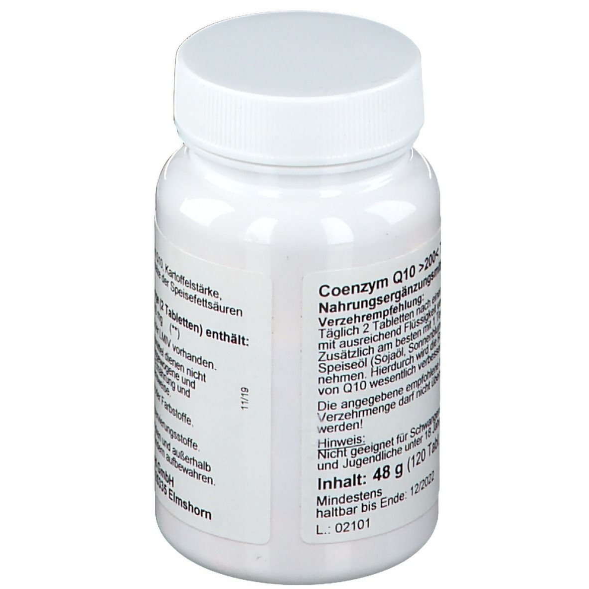 Weiße Tablettenflasche mit Schraubverschluss. Rückseite mit Produktinformationen. Inhalt: 48 g (120 Tabletten).