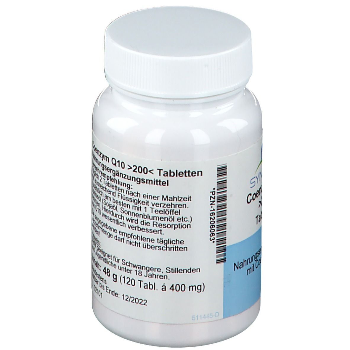 Weiße Tablettenflasche mit Schraubverschluss. Rückseite mit Produktinformationen. Inhalt: 48 g (120 Tabletten). Haltbarkeit bis 12/2022.