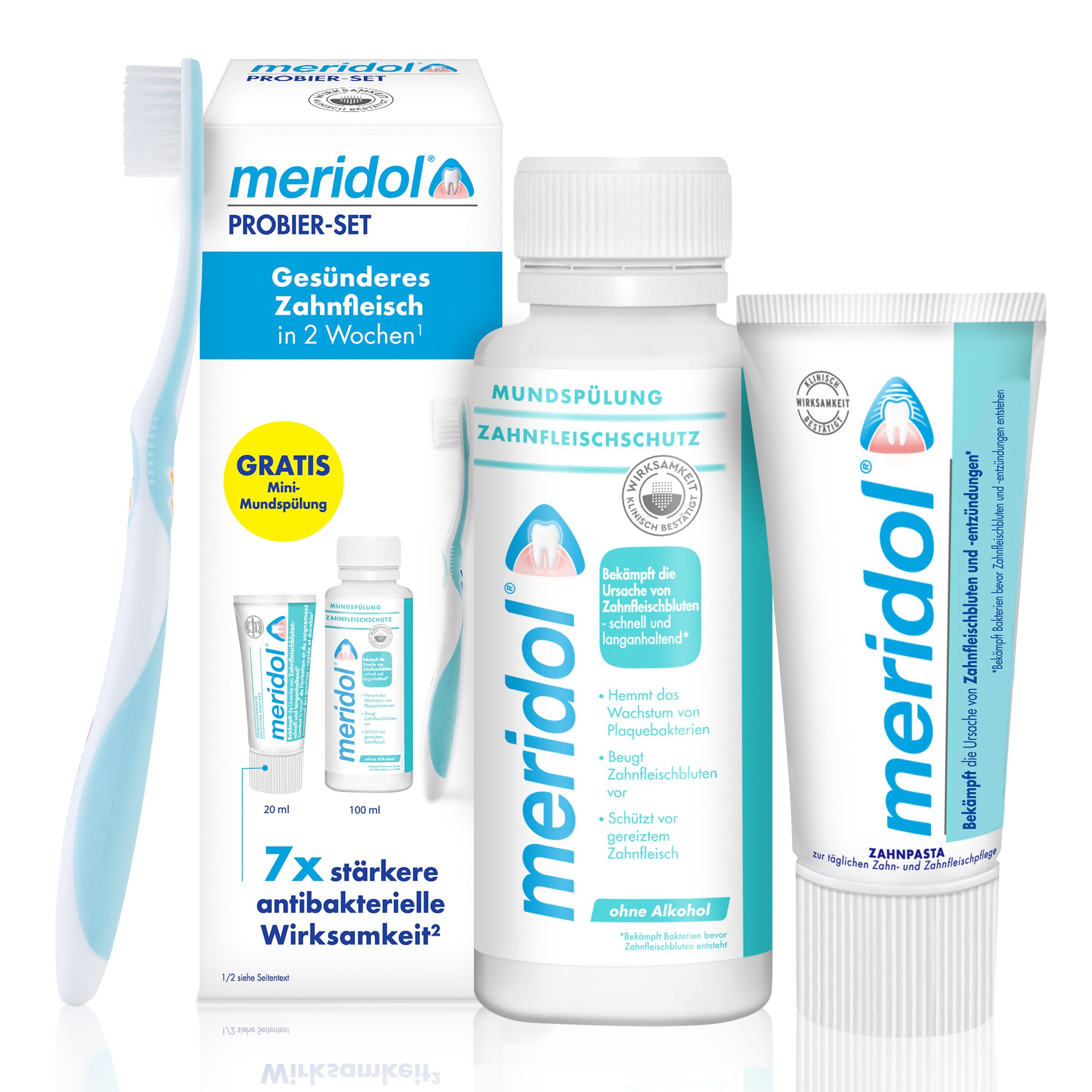 meridol Probier Set: Zahnbürste + Zahnpasta + Mundspülung
