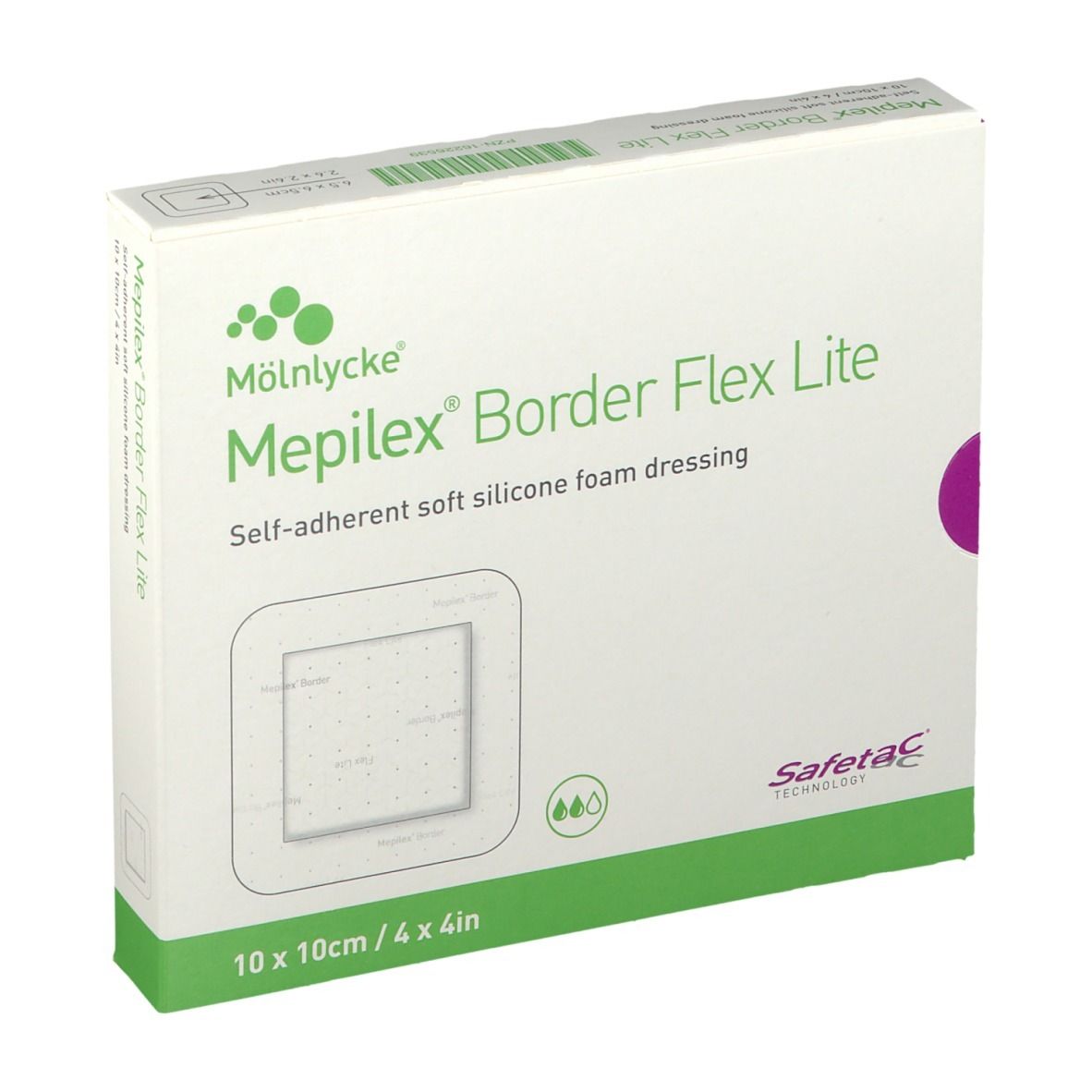 Verpackung Mepilex Border Flex Lite Schaumverband, 10x10cm. Selbstklebend, weich, steril.