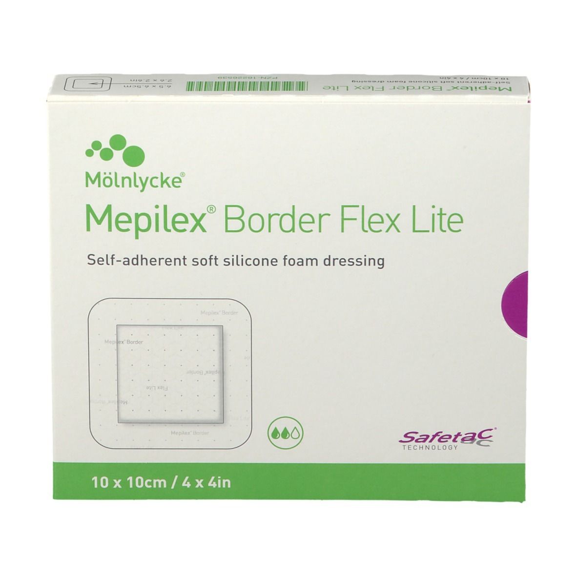 Verpackung Mepilex Border Flex Lite Schaumverband, 10x10cm. Vorderseite mit Produktabbildung.