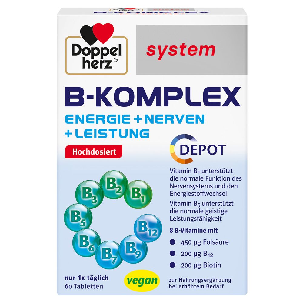 Verpackung von Doppelherz system B-Komplex. Enthält 60 Tabletten. Hochdosiert. Mit Vitaminen B1, B5, B6, B12.