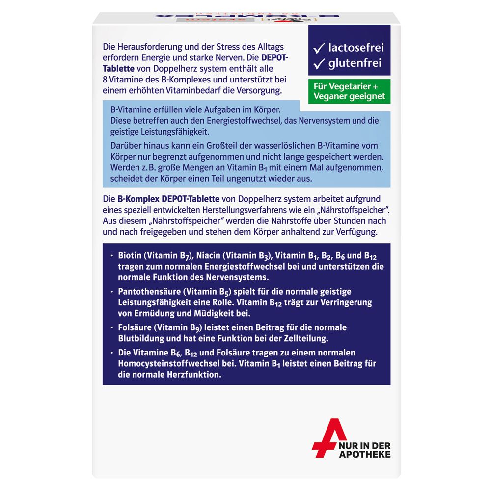 Rückseite der Doppelherz system B-Komplex Verpackung. Text über Inhaltsstoffe, Depot-Tablette und Klimaneutral-Siegel.