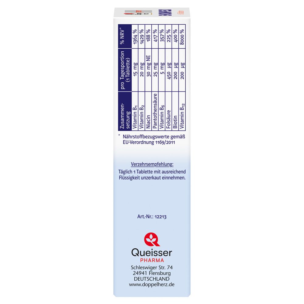 Seite der Doppelherz system B-Komplex Verpackung. Enthält Nährwertangaben und Kontaktinformationen von Queisser Pharma.