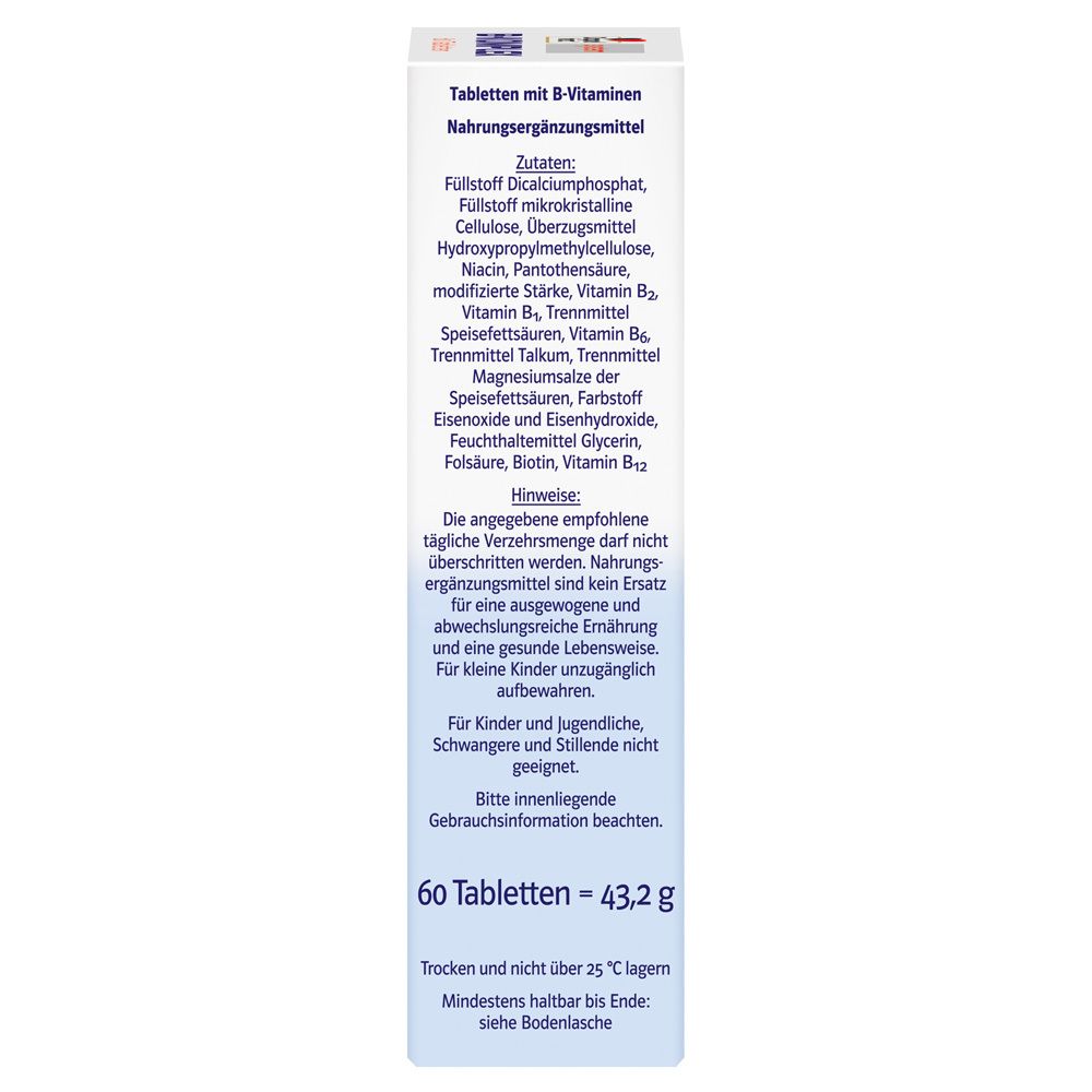 Seite der Doppelherz system B-Komplex Verpackung. Enthält Zutaten, Hinweise und Verzehrempfehlung.