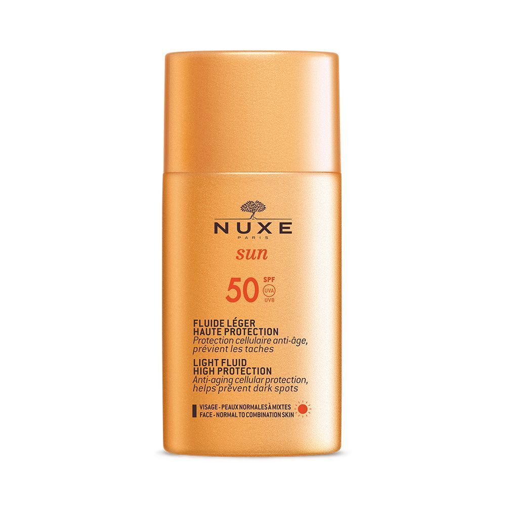 Beige Flasche mit goldfarbenem Deckel. Aufschrift: NUXE Sun, 50 SPF. Text: Fluide Léger Haute Protection.