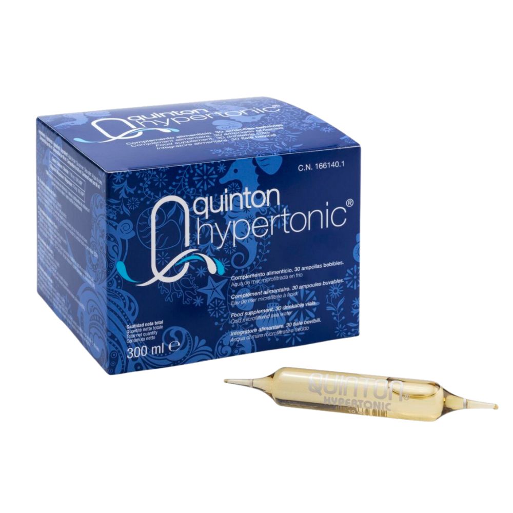 QUINTON Hypertonic Trinkampullen: Eine Schachtel und eine einzelne Ampulle.