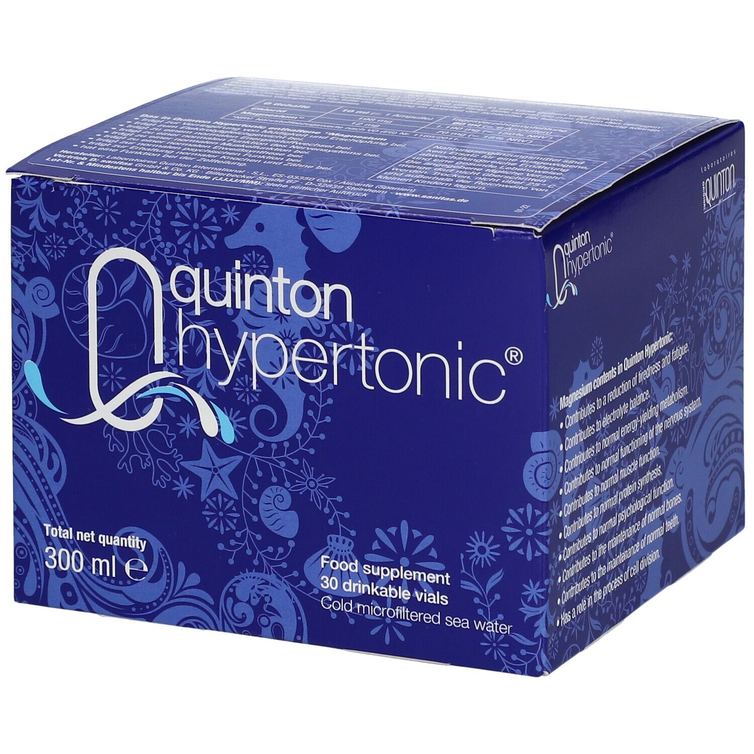 Blaue Schachtel mit "Quinton Hypertonic"-Logo. Enthält 30 Trinkampullen. Gesamtmenge 300 ml. Aufschrift: Nahrungsergänzungsmittel, kalt mikrofiltriertes Meerwasser.