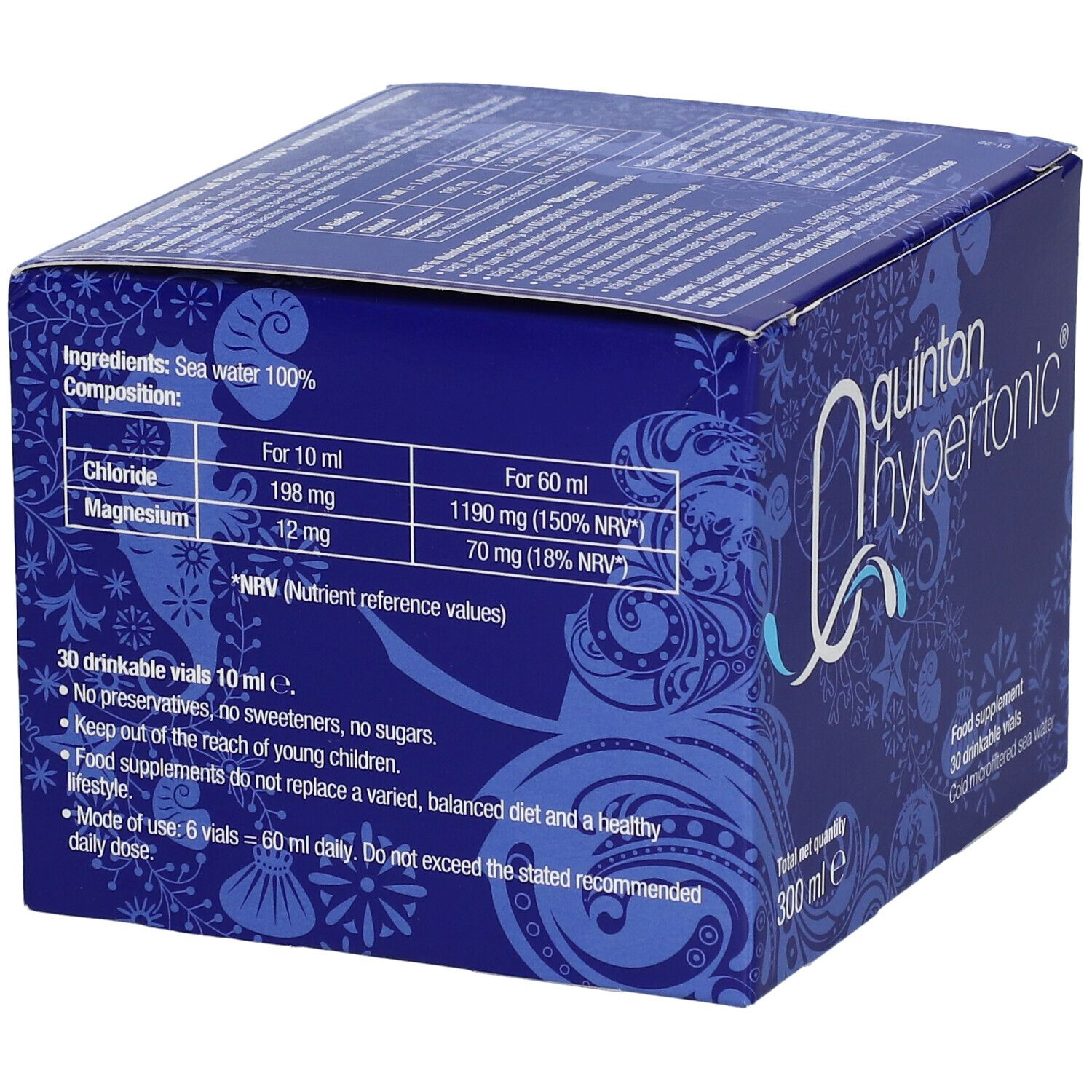 Blaue Schachtel mit "Quinton Hypertonic"-Logo. Enthält Informationen zu Inhaltsstoffen und Nährwerten. 30 Trinkampullen, 10 ml pro Ampulle. Ohne Zucker und Konservierungsstoffe.