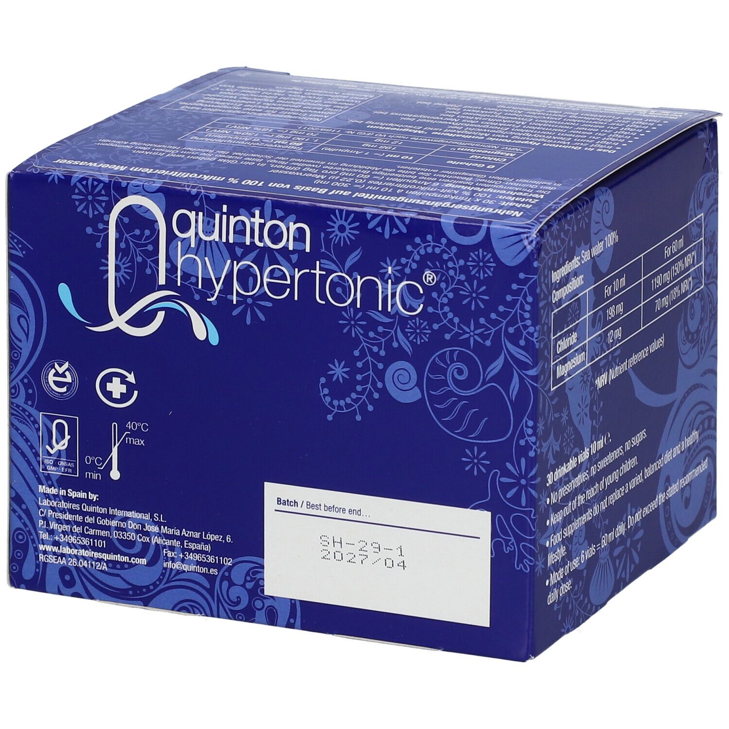 Blaue Schachtel mit "Quinton Hypertonic"-Logo. Enthält Informationen zur Zusammensetzung und Chargennummer. Hergestellt in Spanien. Haltbarkeit bis 04/2027.