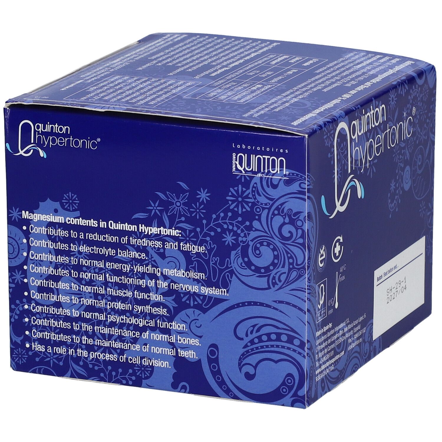 Blaue Schachtel mit "Quinton Hypertonic"-Logo. Enthält Informationen über die Vorteile von Magnesium. Enthält auch Informationen über die Inhaltsstoffe.