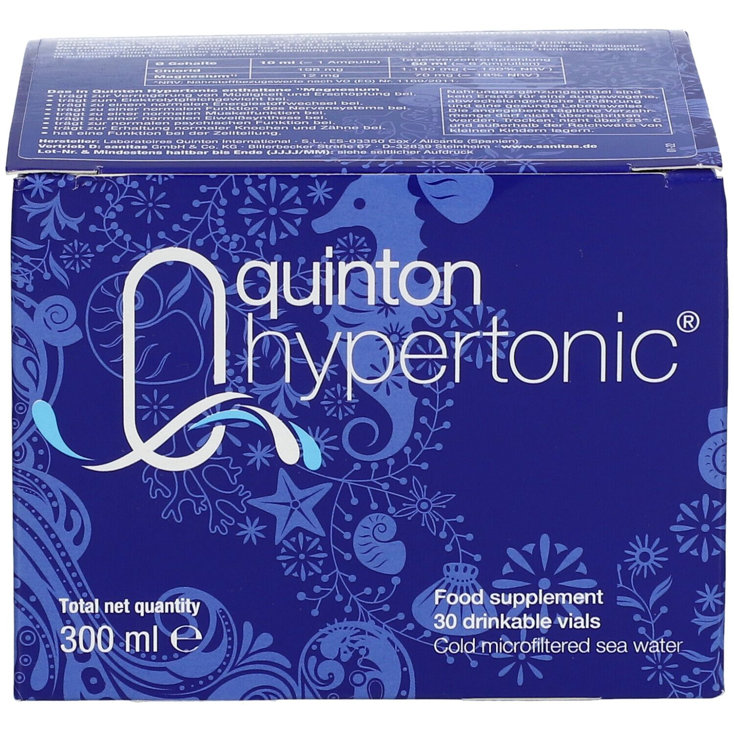 Blaue Schachtel mit "Quinton Hypertonic"-Logo. Enthält 30 Trinkampullen. Gesamtmenge 300 ml. Aufschrift: Nahrungsergänzungsmittel, kalt mikrofiltriertes Meerwasser.