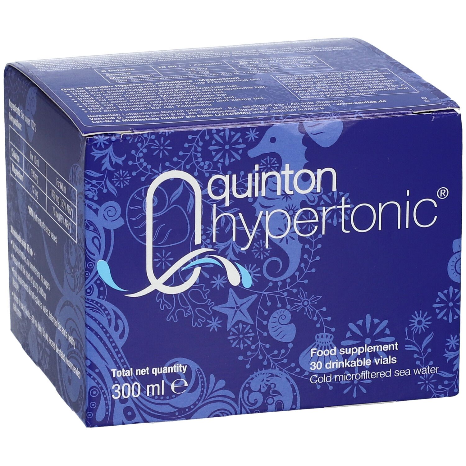 Blaue Schachtel mit "Quinton Hypertonic"-Logo. Enthält 30 Trinkampullen. Gesamtmenge 300 ml. Aufschrift: Nahrungsergänzungsmittel, kalt mikrofiltriertes Meerwasser.