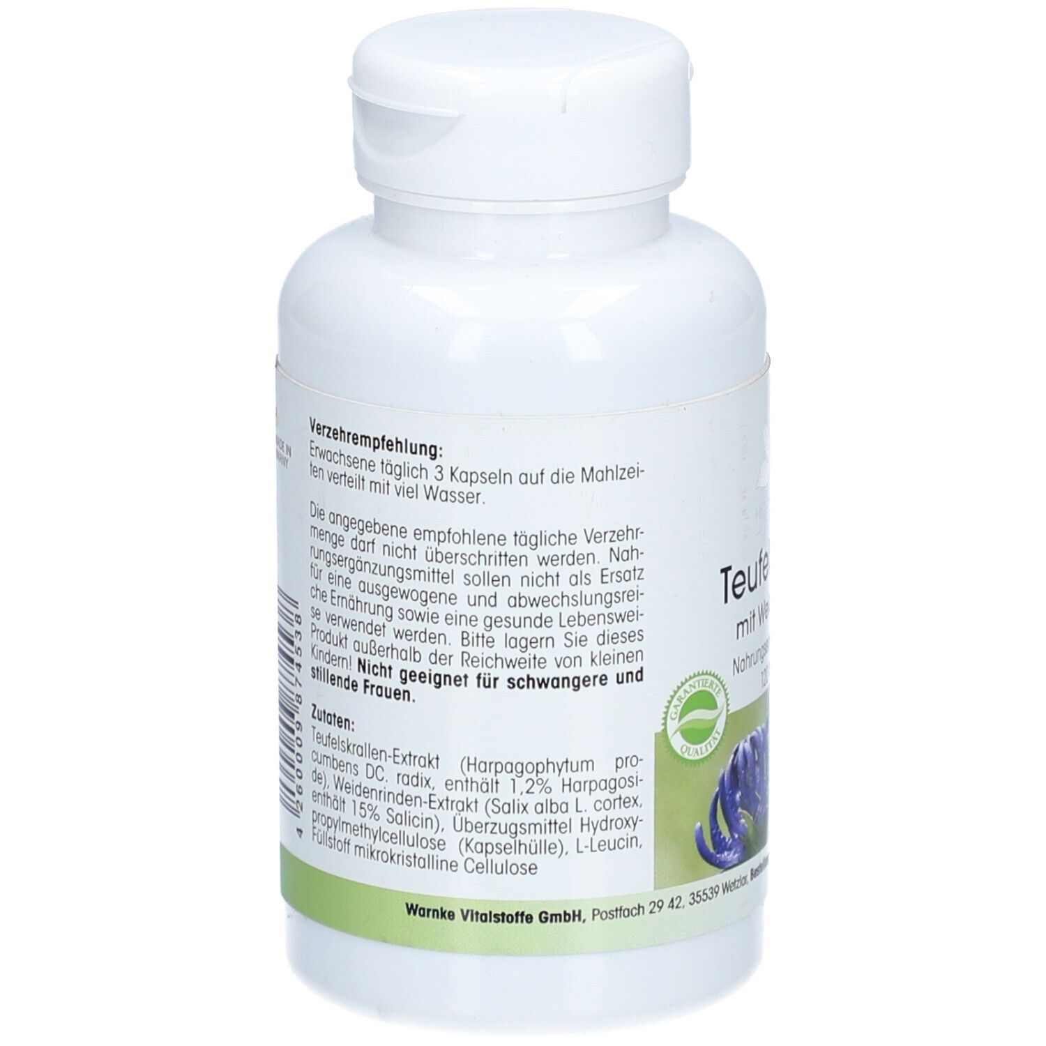 Rückseite der Flasche. Text: Verzehrempfehlung. Zutaten: Teufelskrallen-Extrakt, Weidenrinden-Extrakt. Nicht für Schwangere und Stillende.