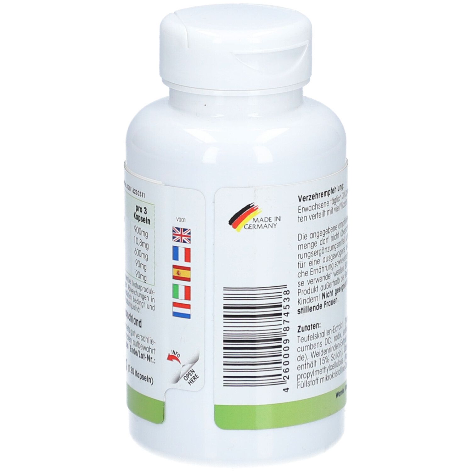 Rückseite der Flasche. Text: Verzehrempfehlung. Made in Germany. Barcode. Mehrsprachige Kennzeichnung.