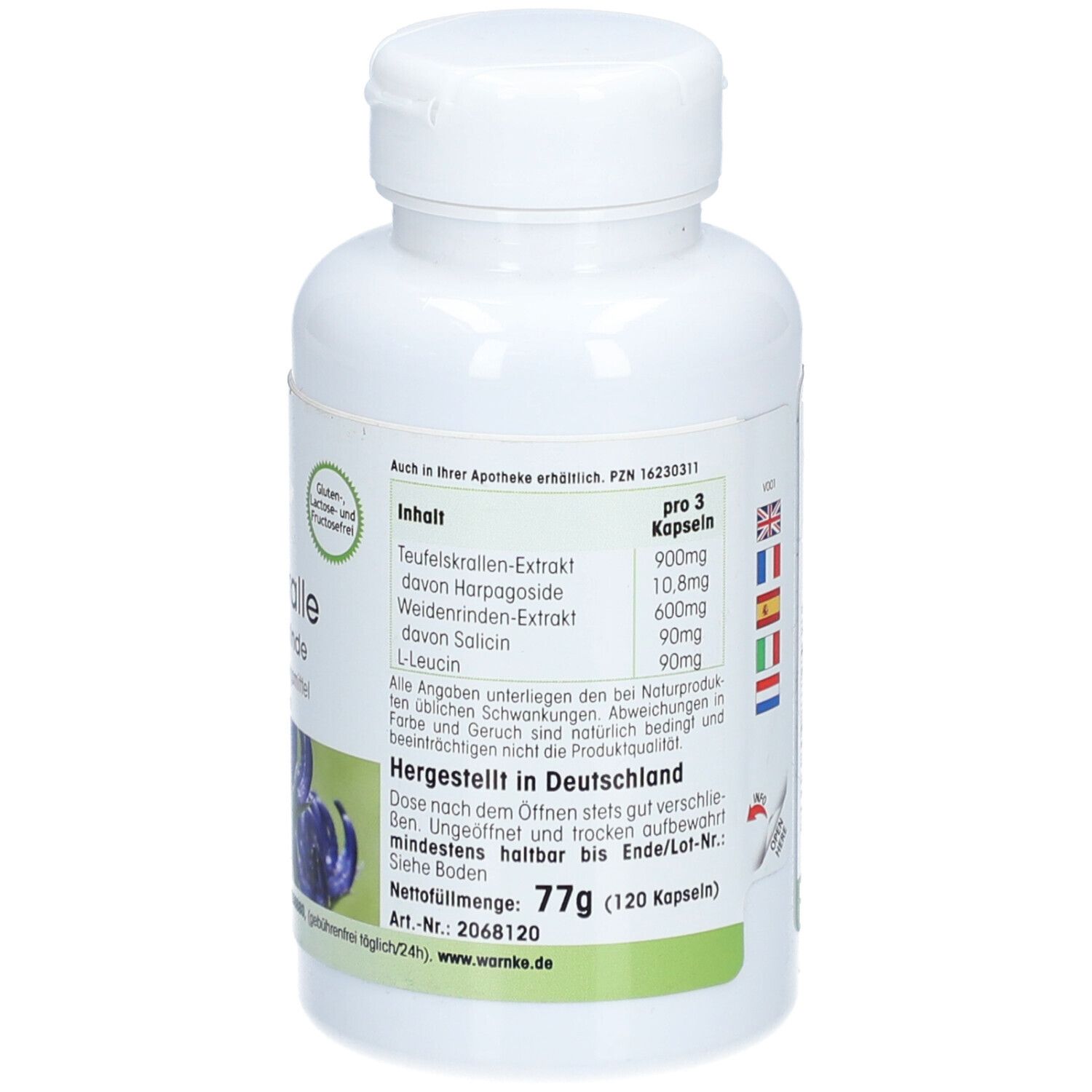 Rückseite der Flasche. Text: Inhalt, Zutaten, pro 3 Kapseln. Made in Germany. 77g (120 Kapseln).
