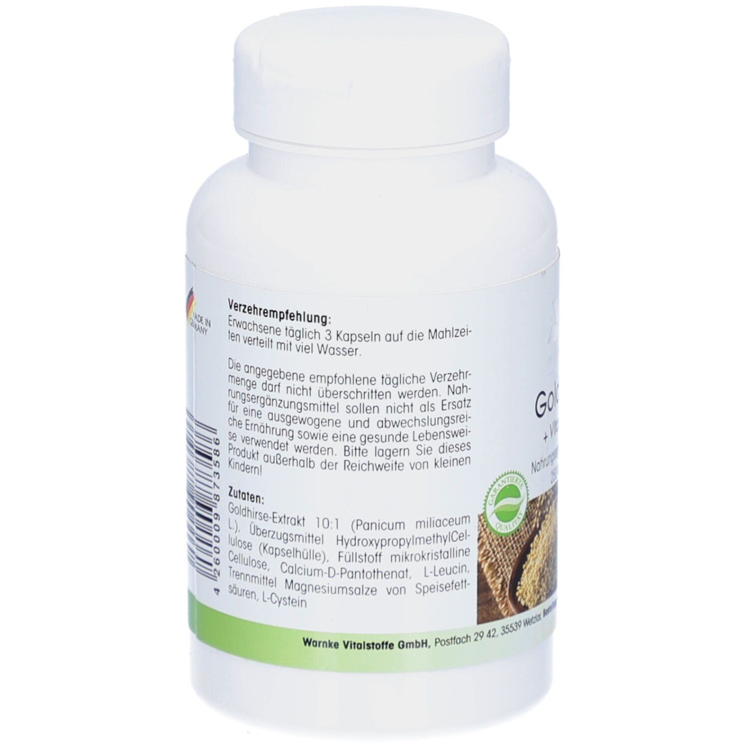 Rückseite der weißen Flasche. Text: Verzehrempfehlung. Zutaten. Logo: Naturprodukt. Gluten-, Laktose- und Fructosefrei. Barcode.