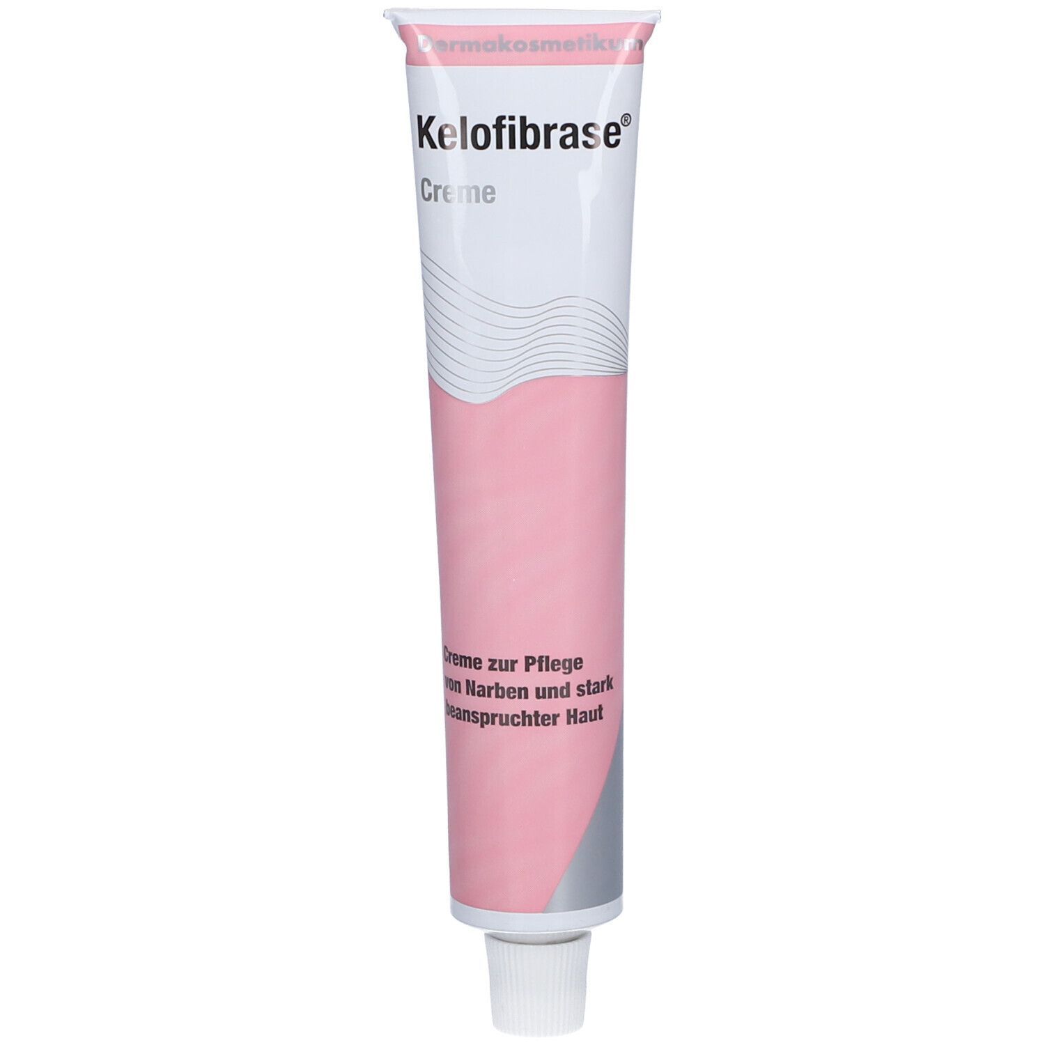 Creme-Tube, rosa-weiß. Aufschrift: Kelofibrase® Creme. Text: Creme zur Pflege von Narben und stark beanspruchter Haut.