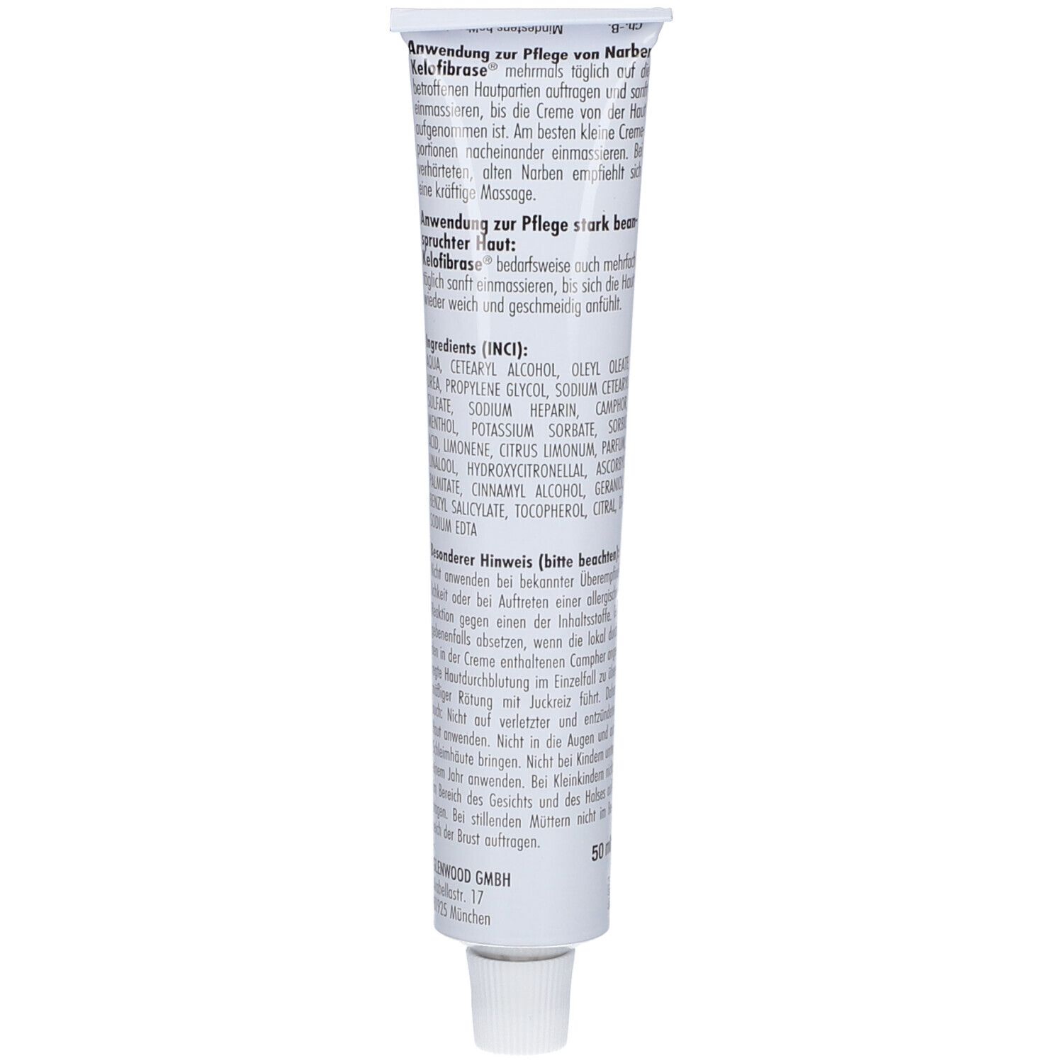 Rückseite der Creme-Tube. Text und Inhaltsstoffe in deutscher Sprache. Weißer Hintergrund mit rosa Akzenten.