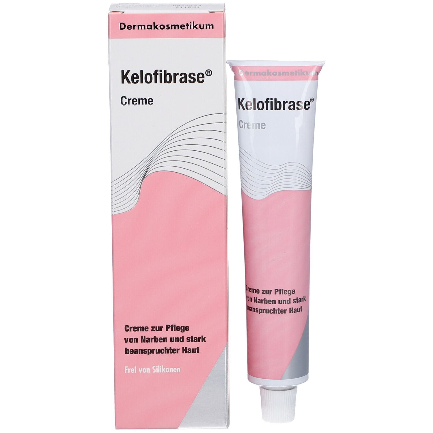 Produktverpackung: Tube und Schachtel. Aufschrift: Kelofibrase® Creme. Rosa-weiße Farbgebung. Text: Creme zur Pflege von Narben.
