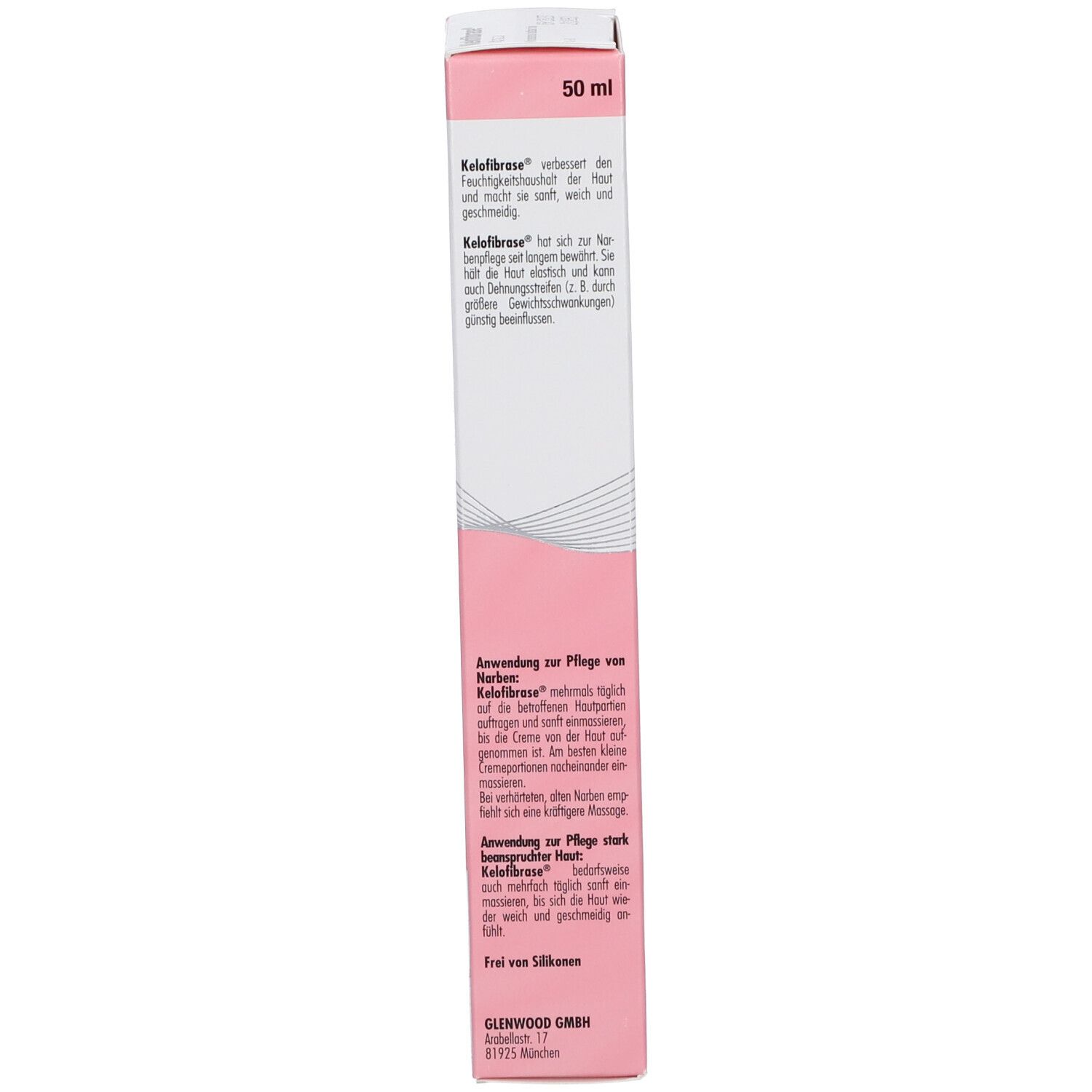 Schachtel, Seitenansicht. Aufschrift: Kelofibrase® Creme. Text in deutscher Sprache. Rosa-weiße Farbgebung.