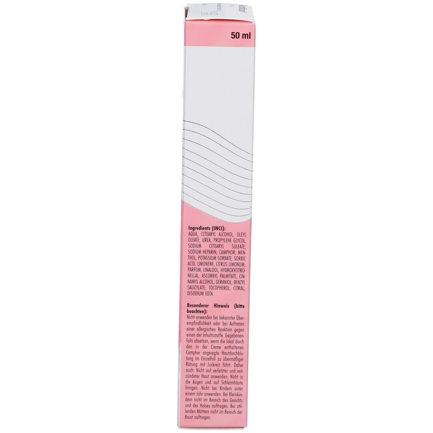 Schachtel, Rückseite. Text und Inhaltsstoffe in deutscher Sprache. Weißer Hintergrund mit rosa Akzenten.