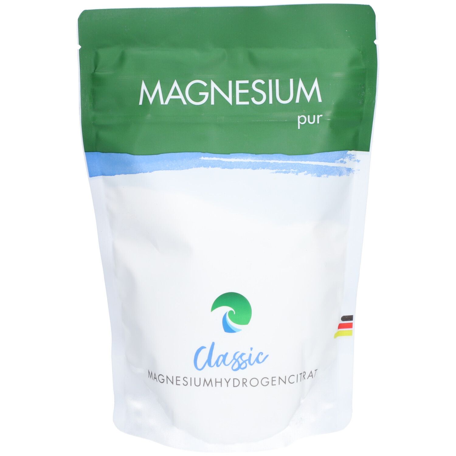 Beutel "Magnesium pur". Grün-weiß. Schriftzug "Magnesiumhydrogencitrat". Logo und Flaggen.