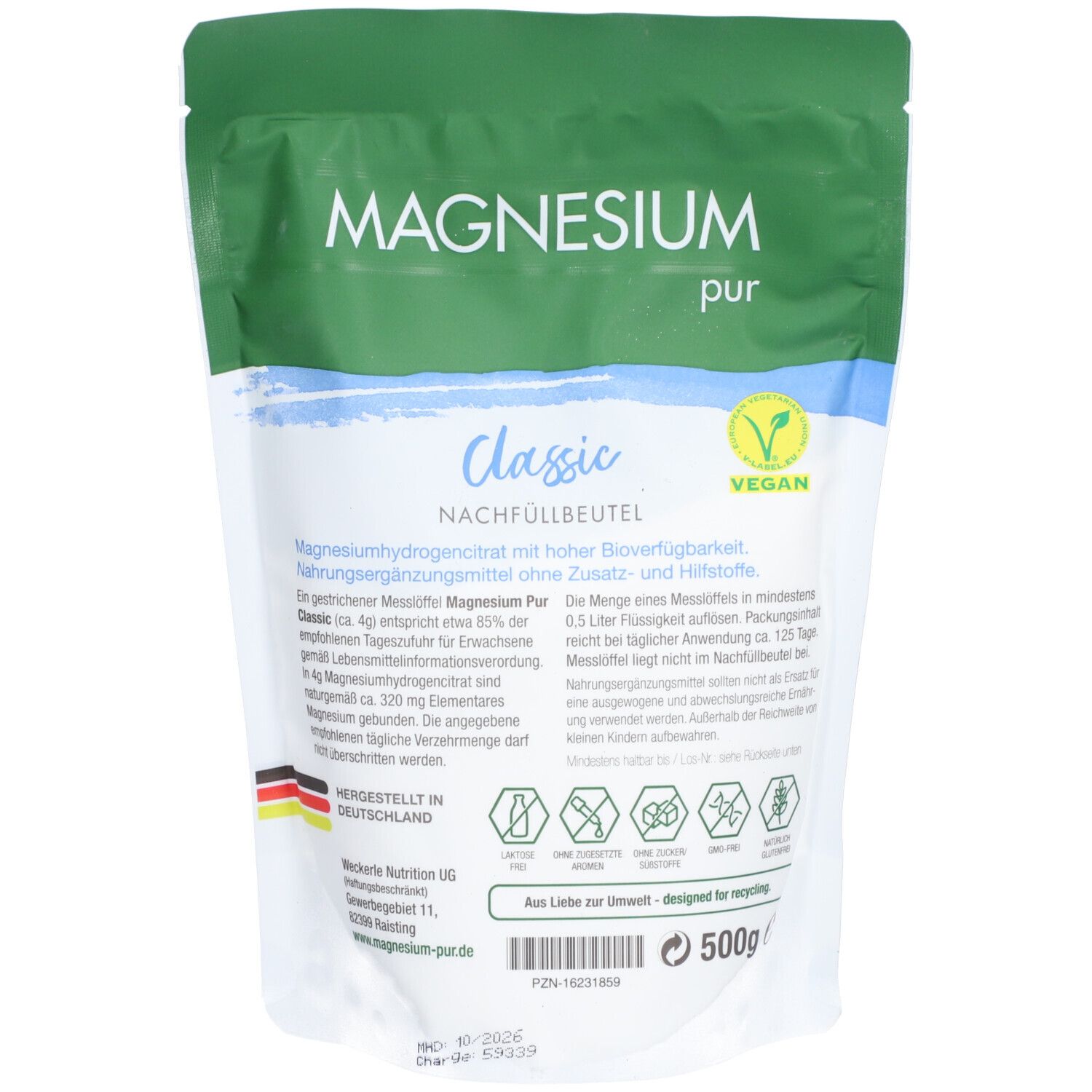 Beutel "Magnesium pur Classic". Text und Logos. Vegan-Siegel. Flagge. 500g.